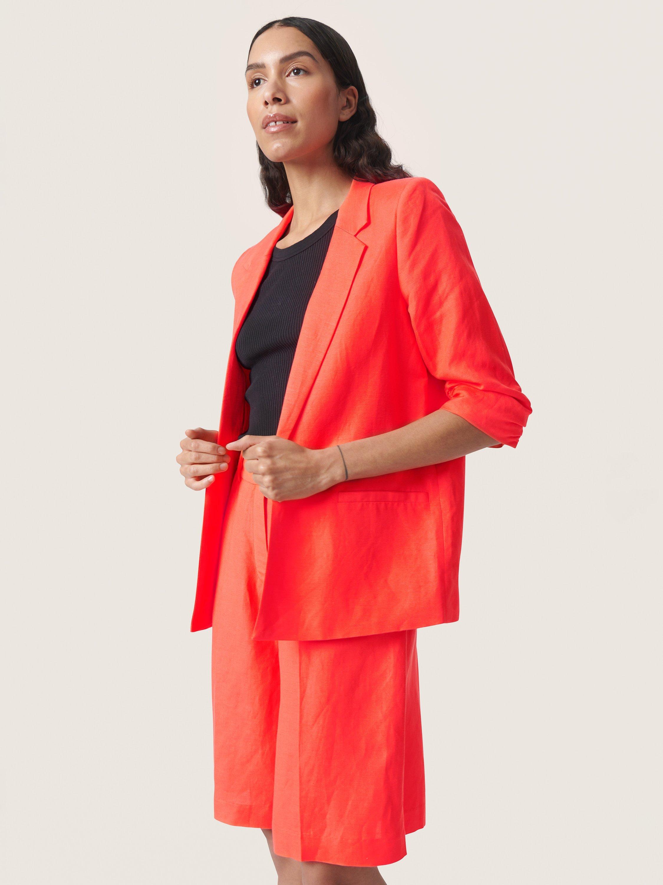 Product image 1 of 5, which shows Soaked In Luxury Malia Open Front Notch Lapel Blazer, Hot Coral, XS