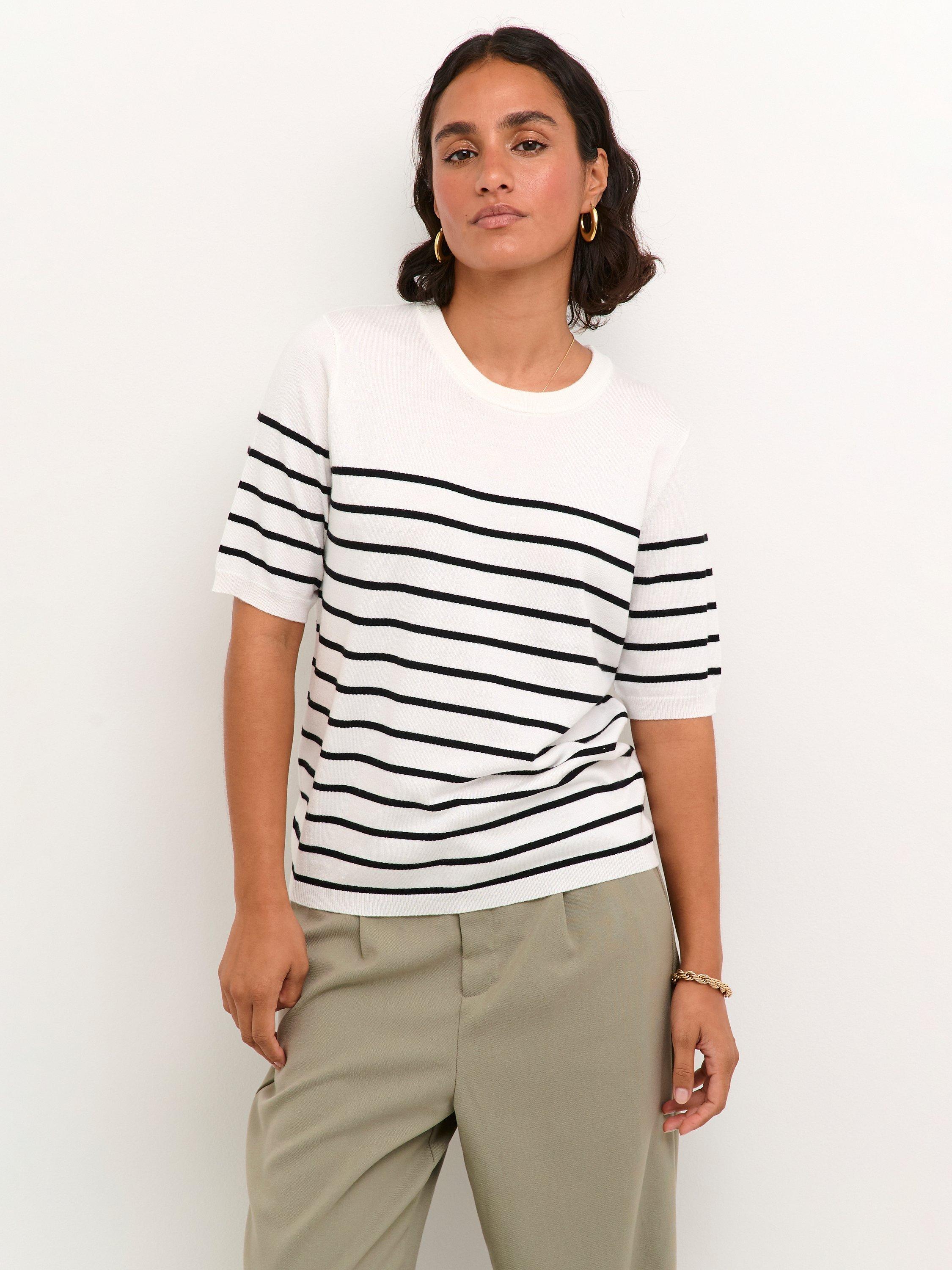 KAFFE Lizza Short Sleeve Striped Knitted Top, Chalk/Black Stripe