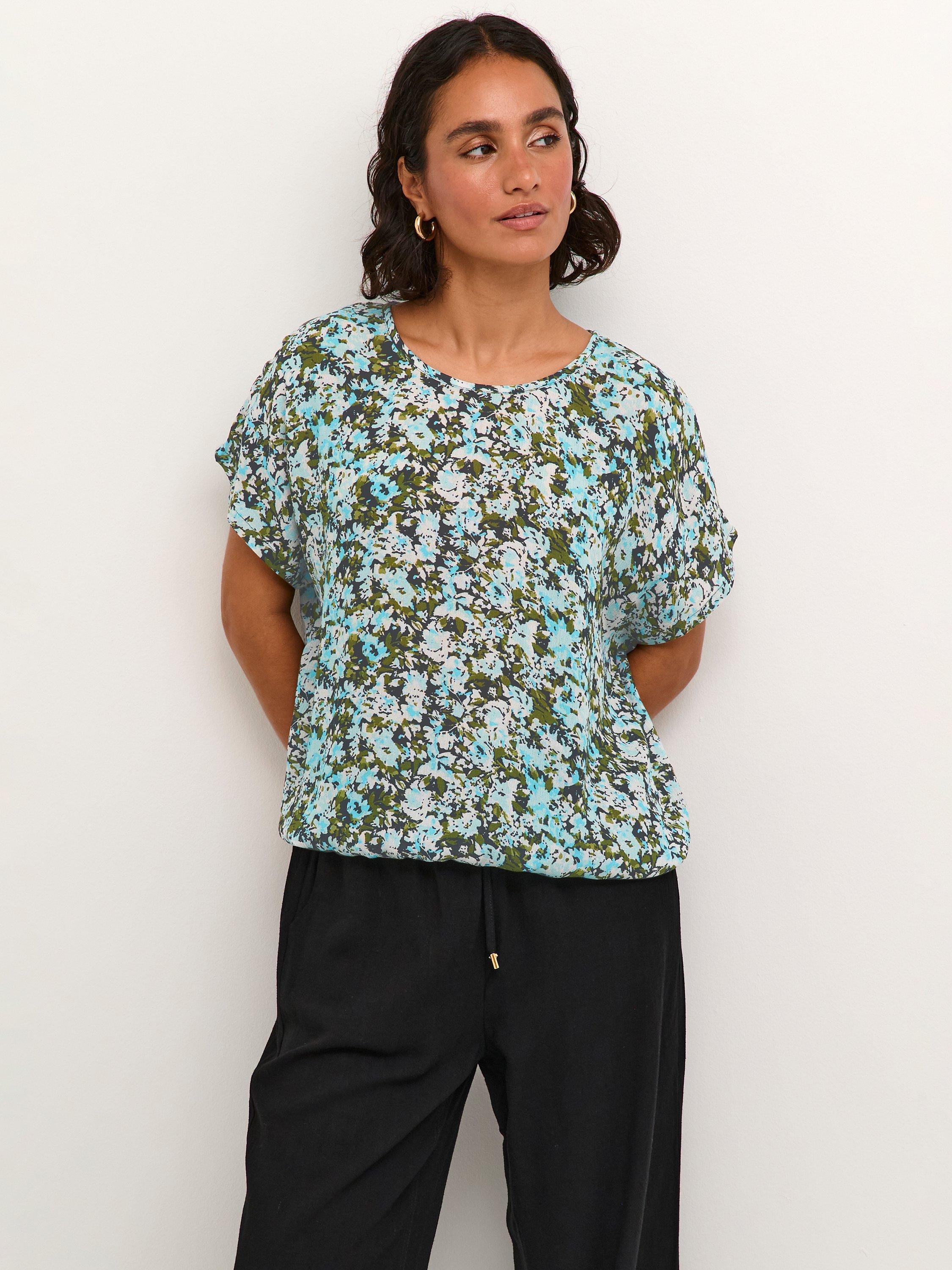 Product image 1 of 6, which shows KAFFE Amber Ecovero Batwing Sleeve Blouse, Blue/Green Flower, 10