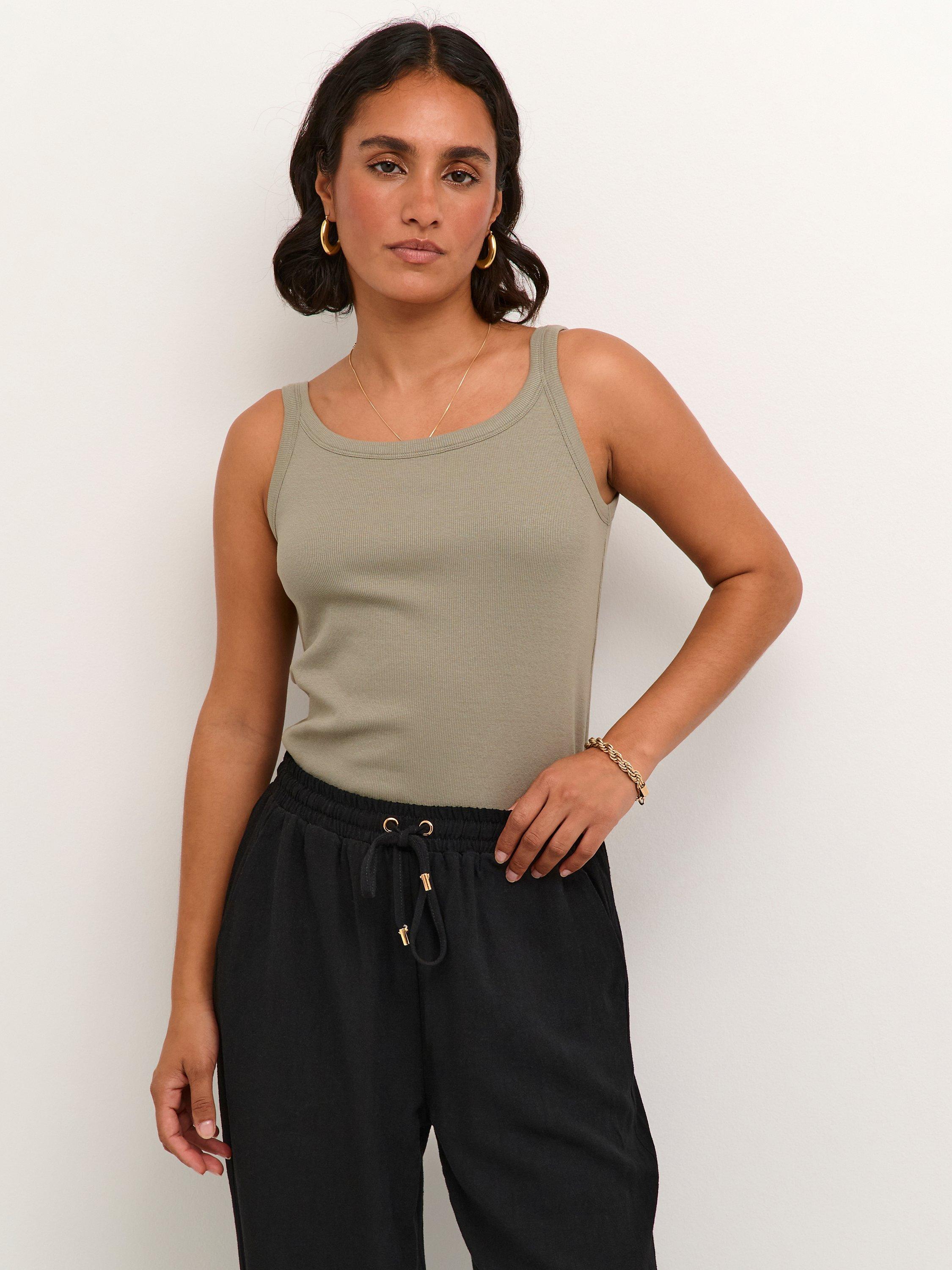 Product image 1 of 5, which shows KAFFE Carna Scoop Neck Tank Top, Vetiver, XS