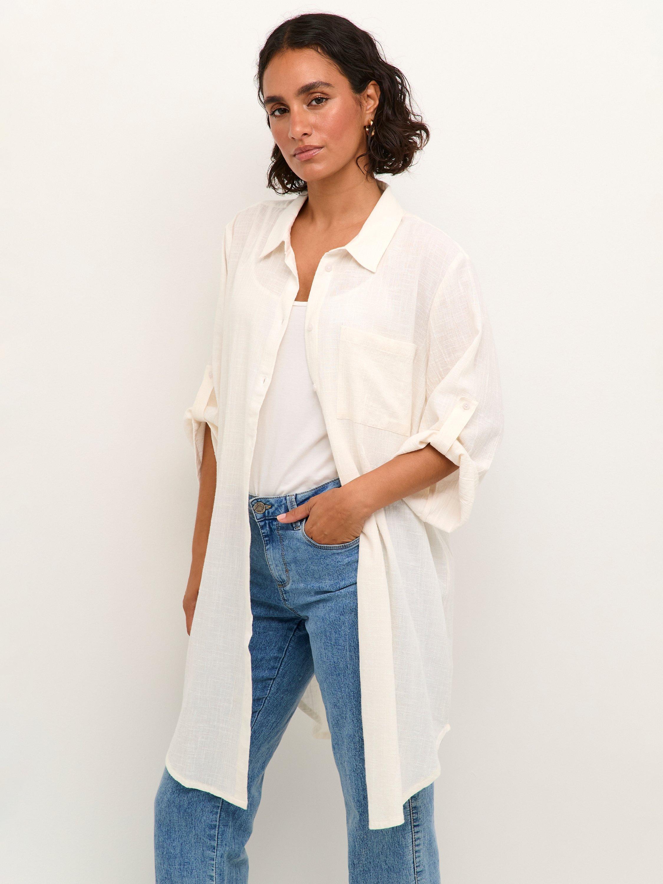 Product image 1 of 6, which shows KAFFE Pauline Crinkle Cotton Shirt Dress, Chalk, 8
