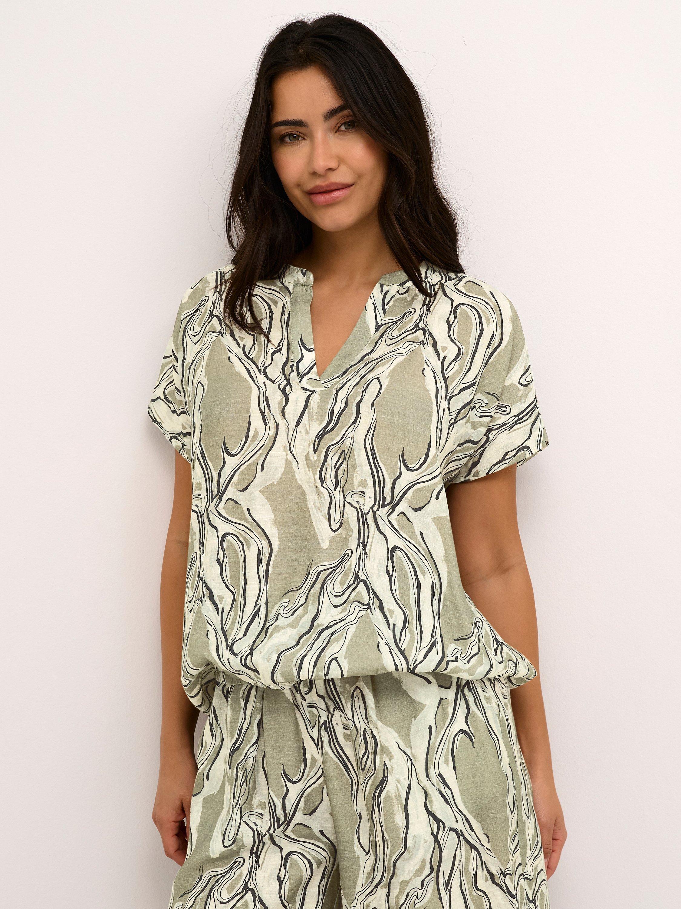 KAFFE Elino Notch Neck Short Sleeve Blouse, Vetiver Marble