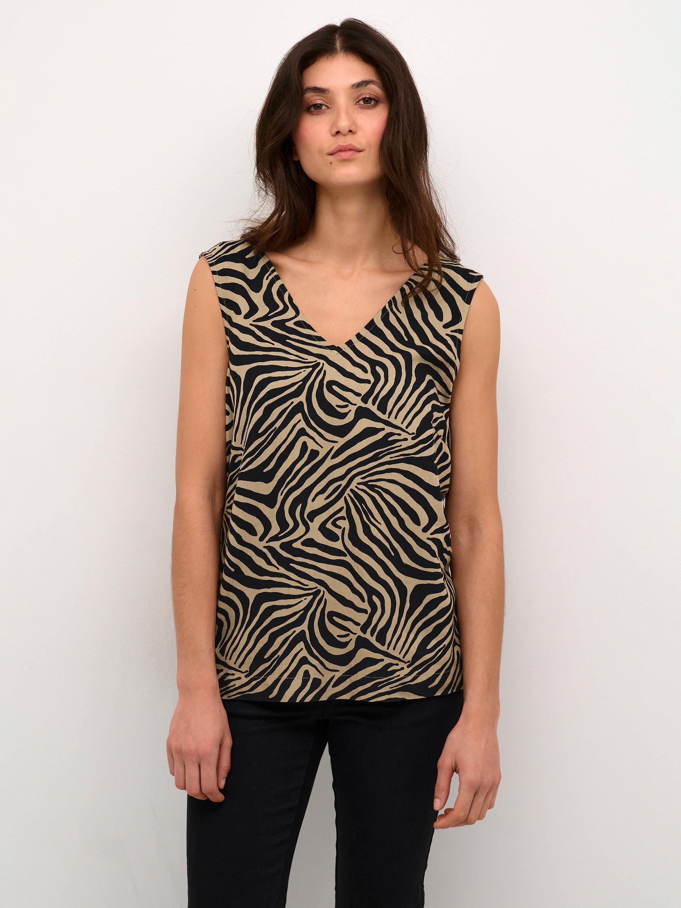 KAFFE Milia Animal Print Linen Blend Top, Chinchilla/Black