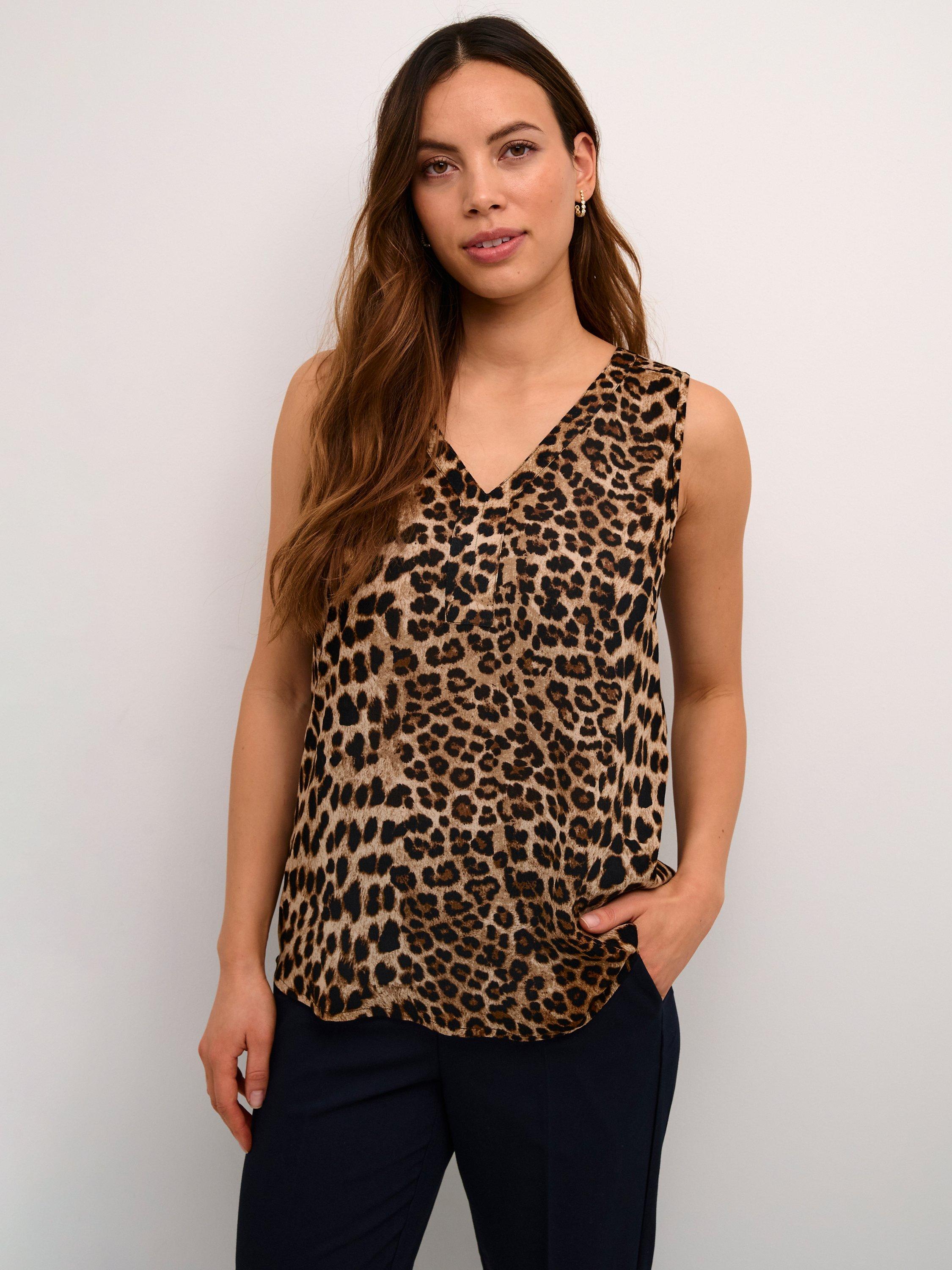 KAFFE Amber Ecovero V-Neck Sleeveless Top, Classic Leopard
