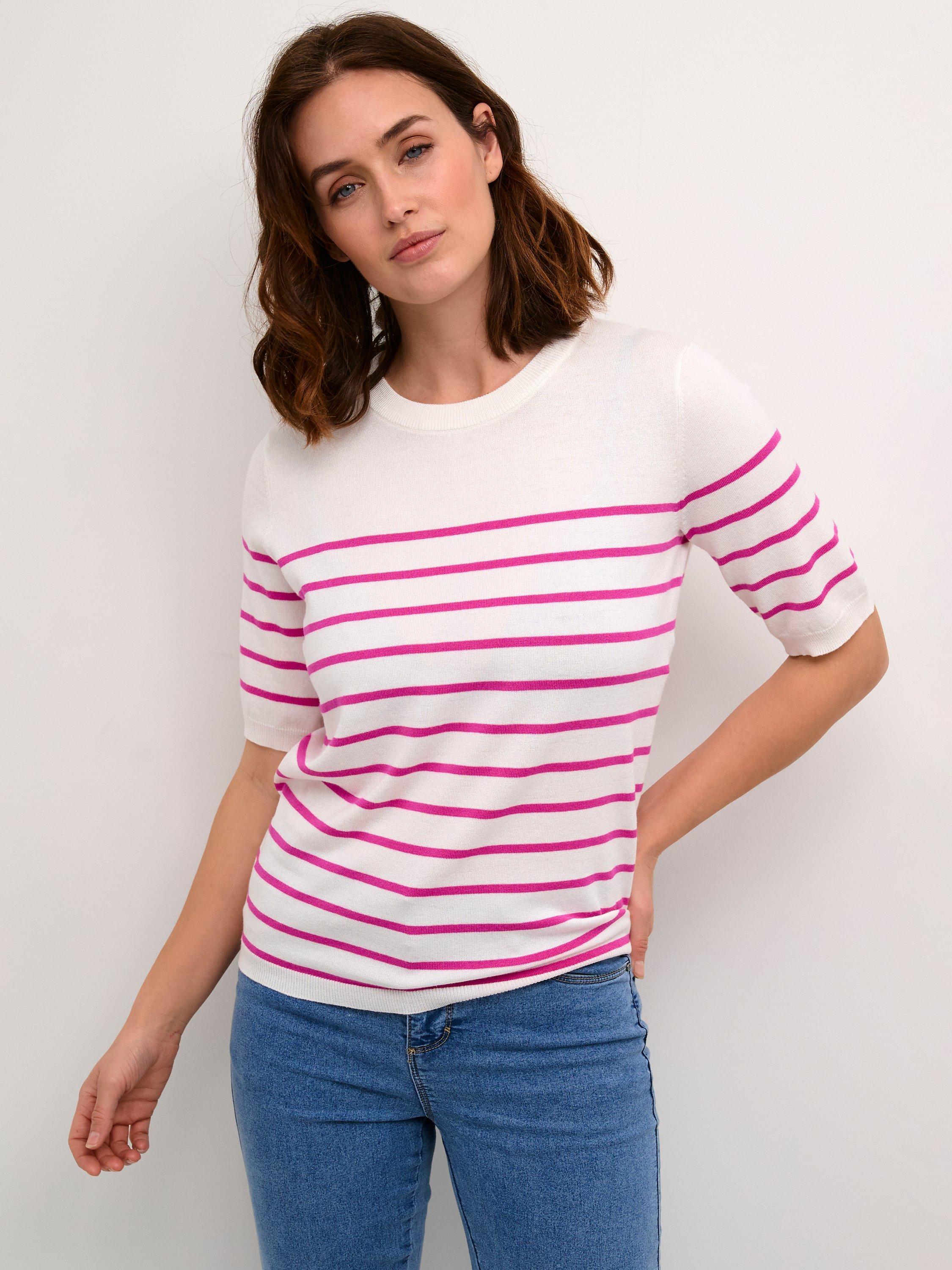 KAFFE Lizza Short Sleeve Striped Knitted Top, Chalk/Rose Violet