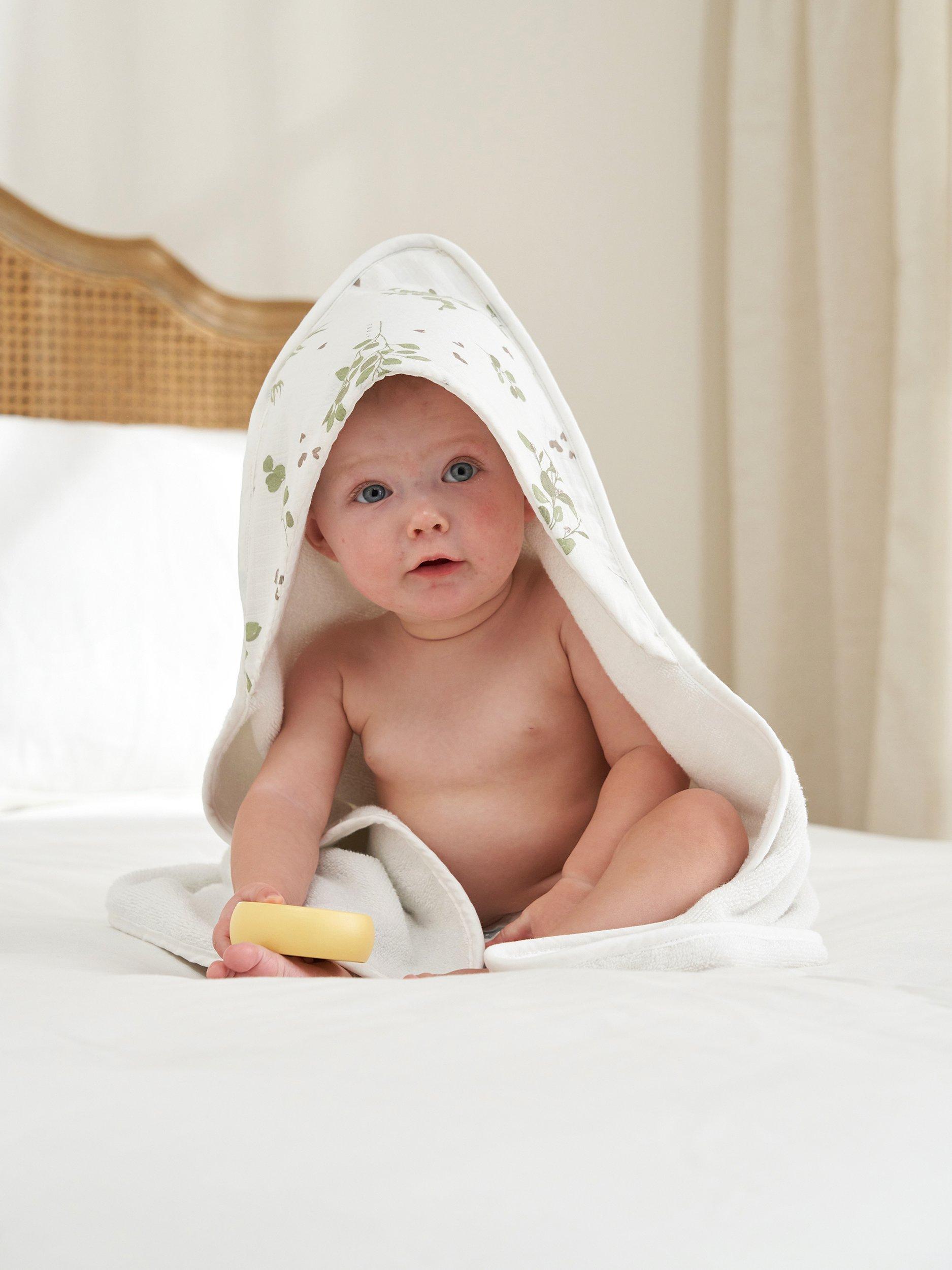 Product image 1 of 3, which shows Truly Baby Eucalyptus Print Hooded Baby Towel, White/Multi, One Size