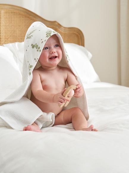 Truly Baby Eucalyptus Print Hooded Baby Towel, White/Multi - view 2, White/Multi