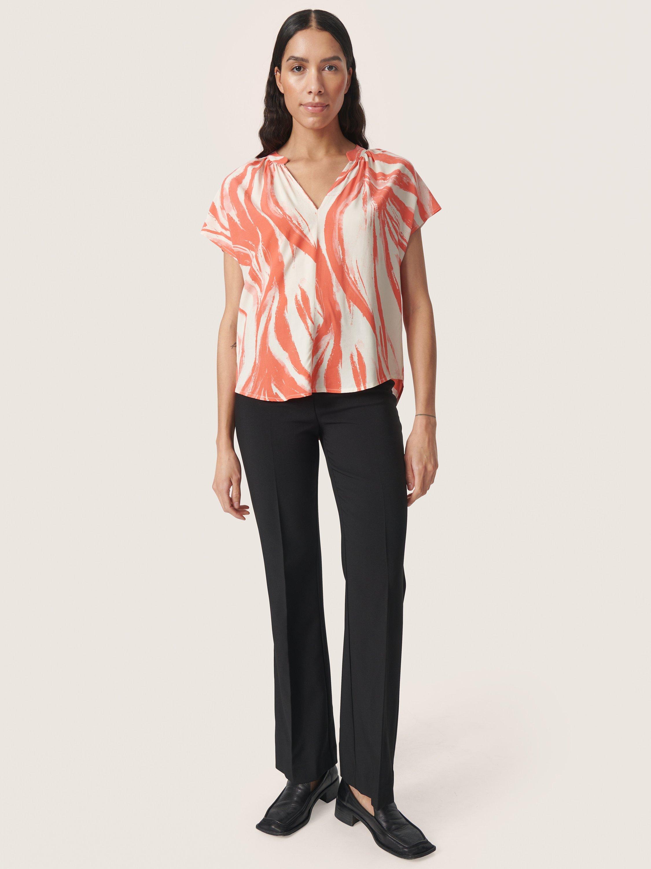 Product image 3 of 5, which shows Soaked In Luxury Wynter Notch Neck Short Sleeve Blouse, Hot Coral Wave, L