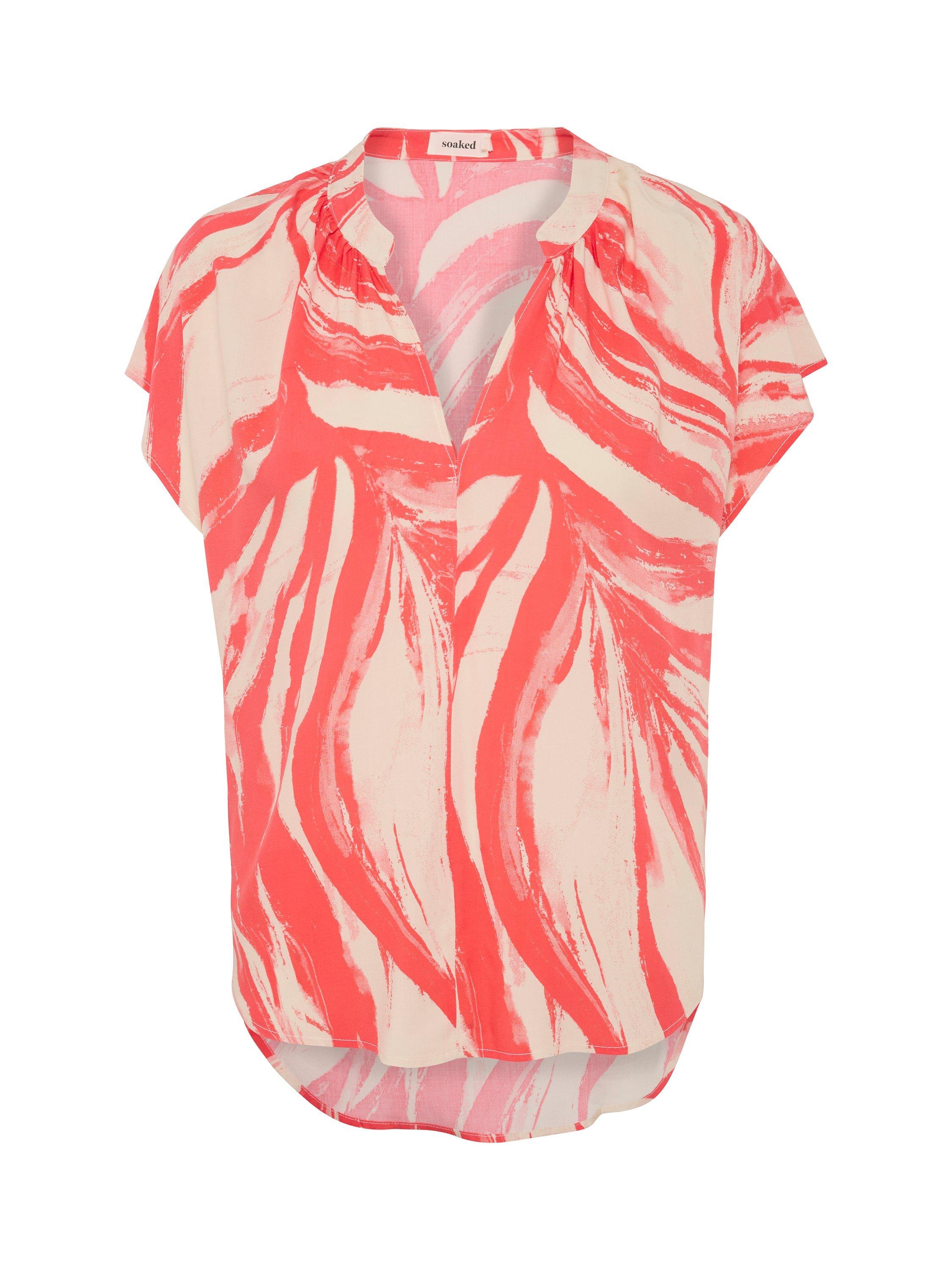 Product image 4 of 5, which shows Soaked In Luxury Wynter Notch Neck Short Sleeve Blouse, Hot Coral Wave, L