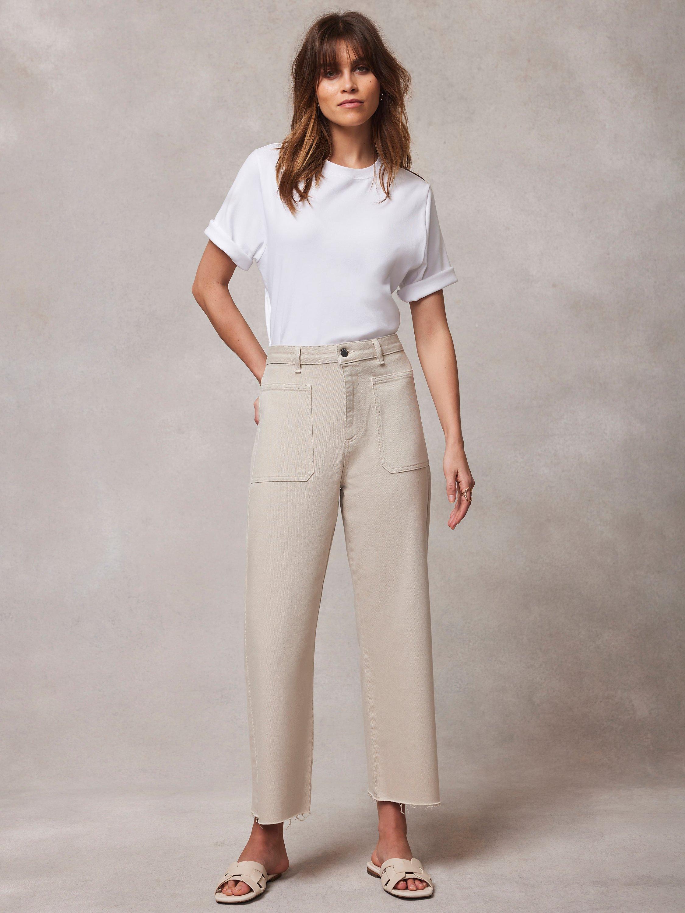 Mint Velvet Cropped Wide Leg Jeans, Beige