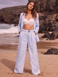 Mint Velvet Belted Wide Leg Linen Trousers, Blue