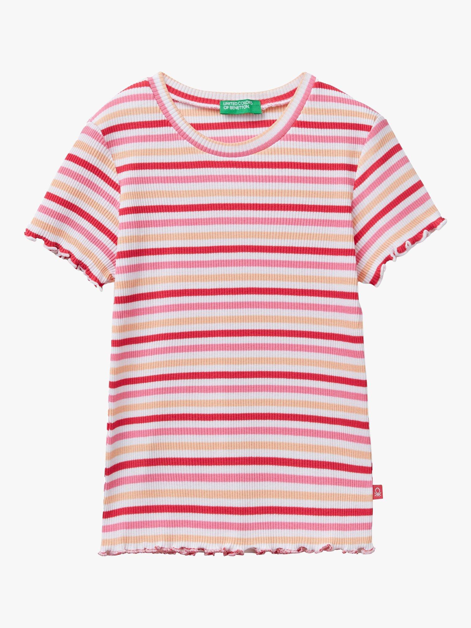 Benetton Kids' Stripe Rib Short Sleeve T-Shirt, Pink/Multi