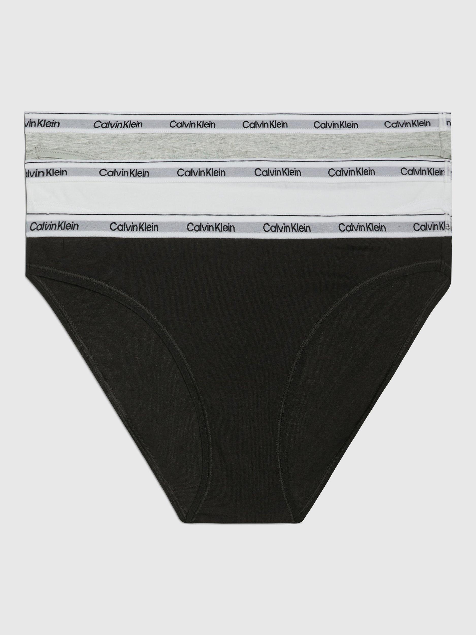 Product image 1 of 4, which shows Calvin Klein Modern Logo Bikini Briefs, Pack of 3, Black/White/Grey, XS