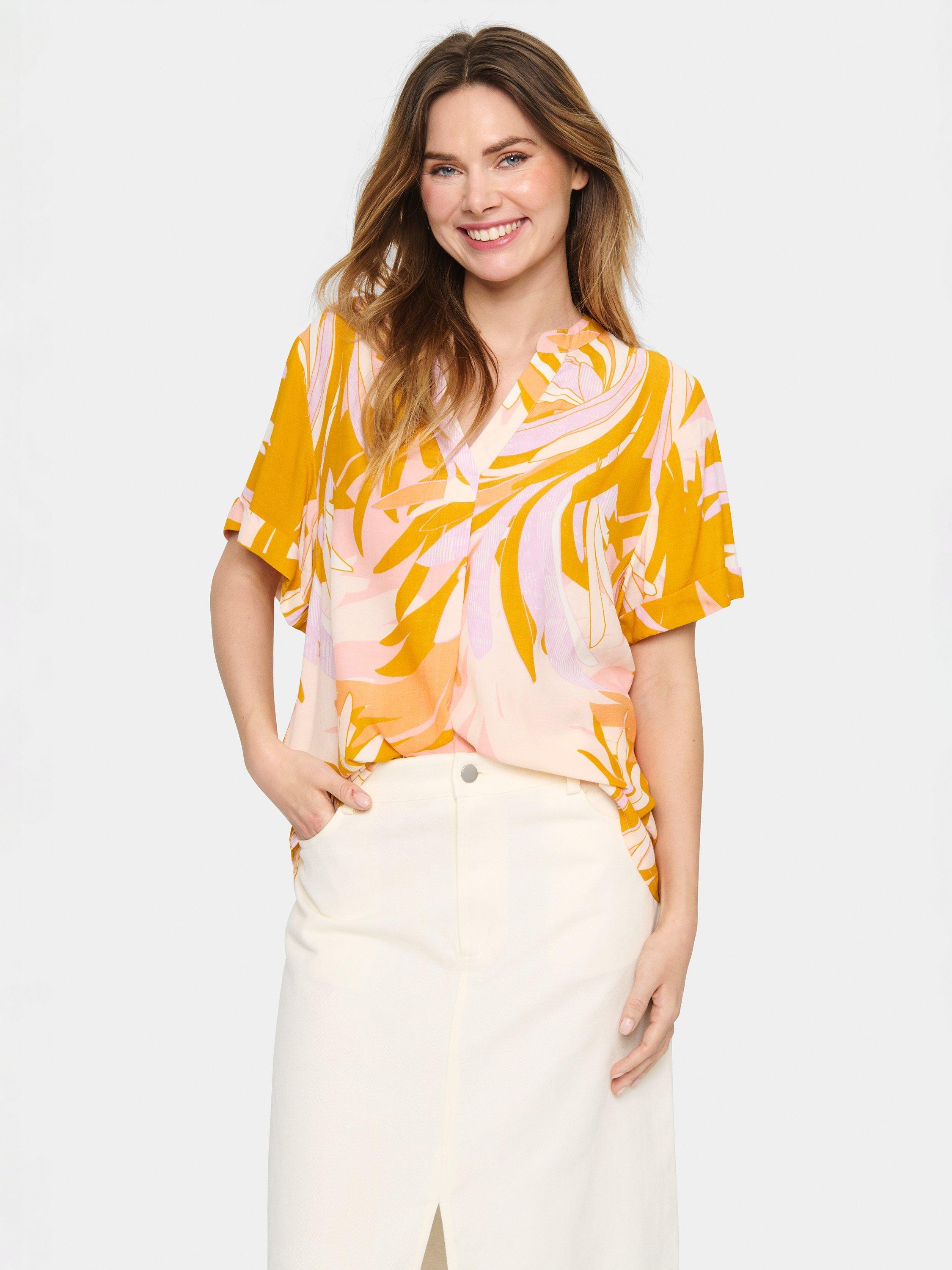 Saint Tropez Agnes Abstract Print V-Neck Blouse, Apricot/Multi