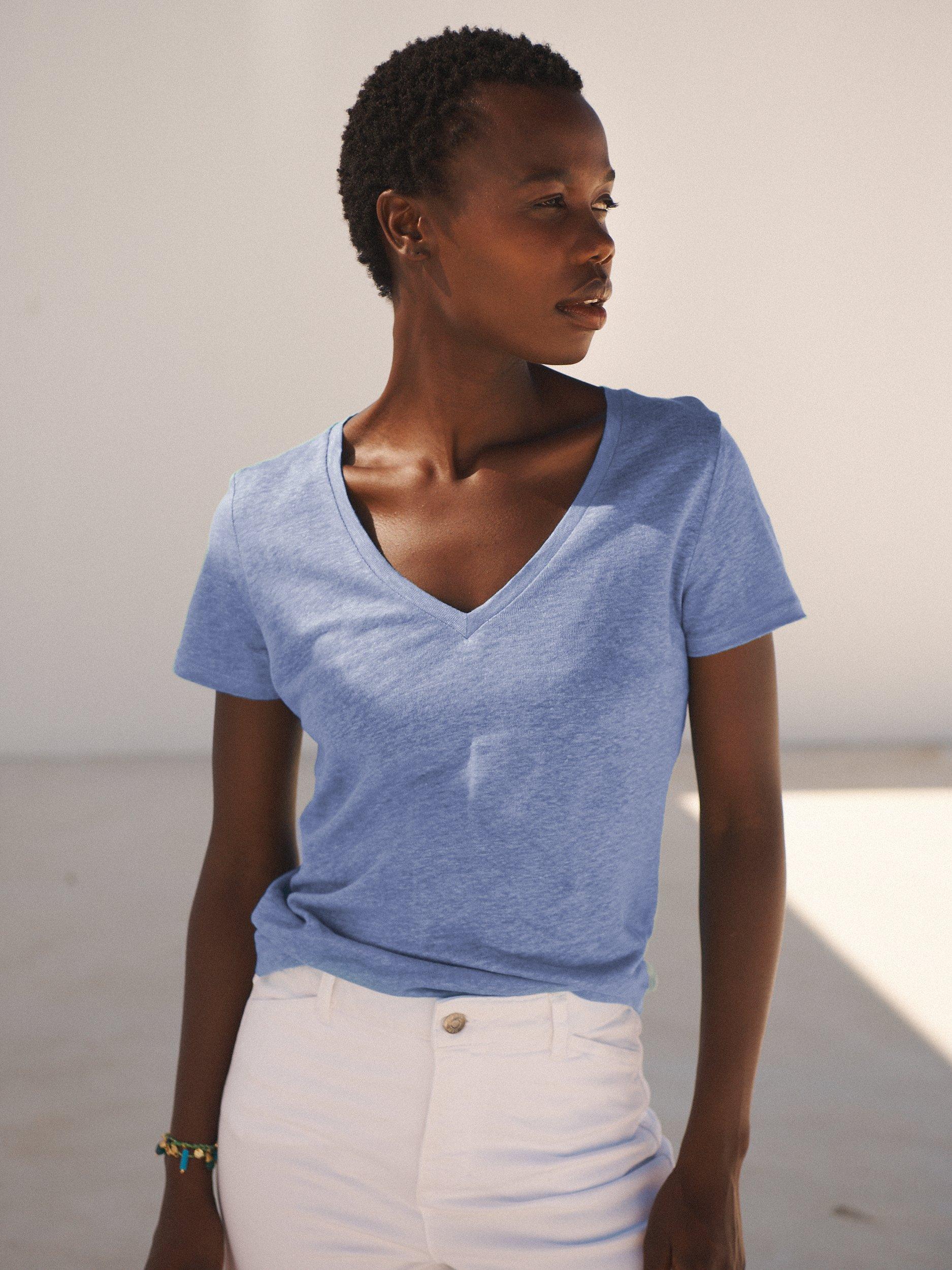 NRBY Charlie V-Neck Linen T-Shirt, Cornflower, XS