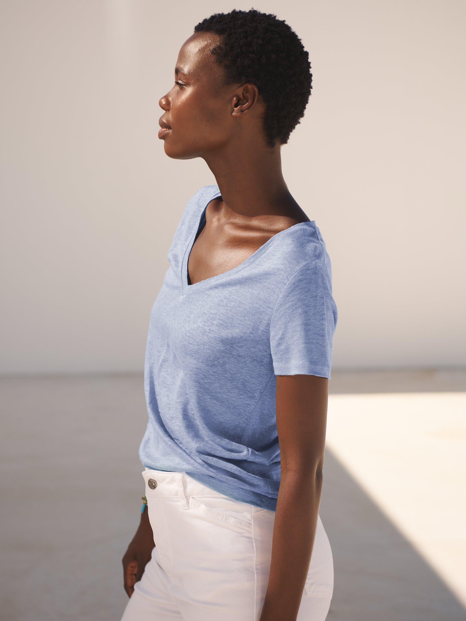 NRBY Charlie V-Neck Linen T-Shirt, Cornflower, XS