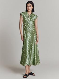 Ghost Cicely Polka Dot Satin Midi Dress, Green/Ivory