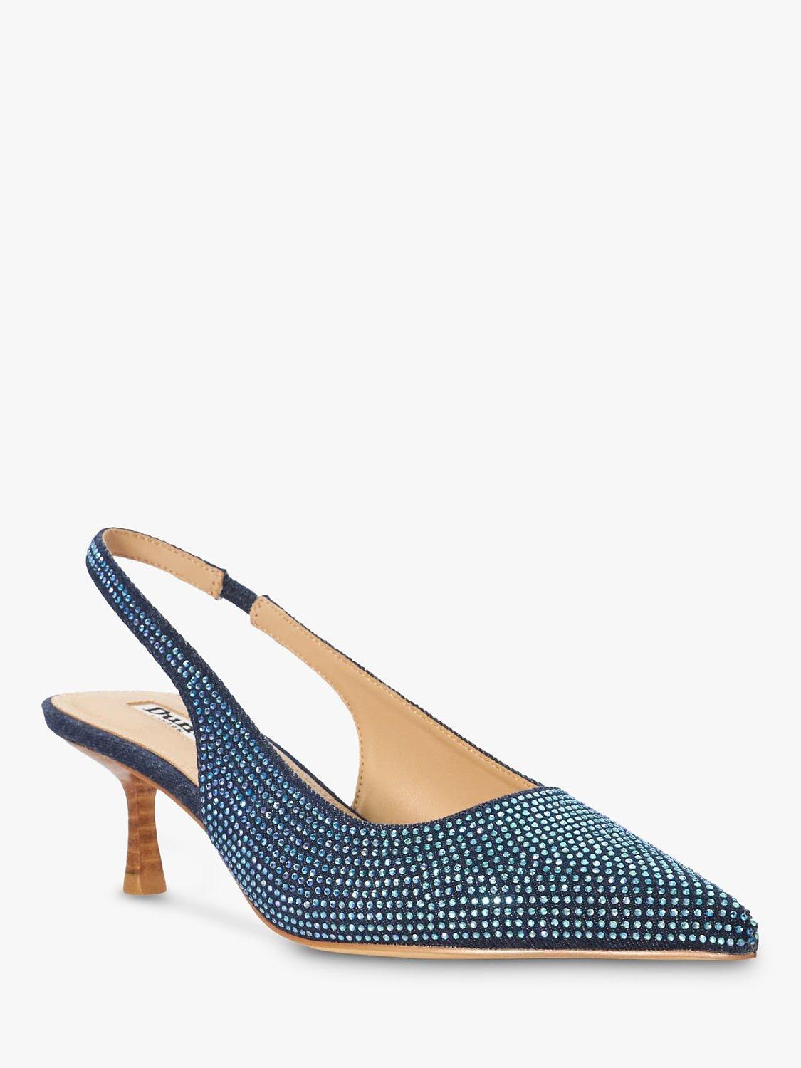 Product image 3 of 6, which shows Dune Colette Embellished Denim Slingback Court Shoes, Blue, 6