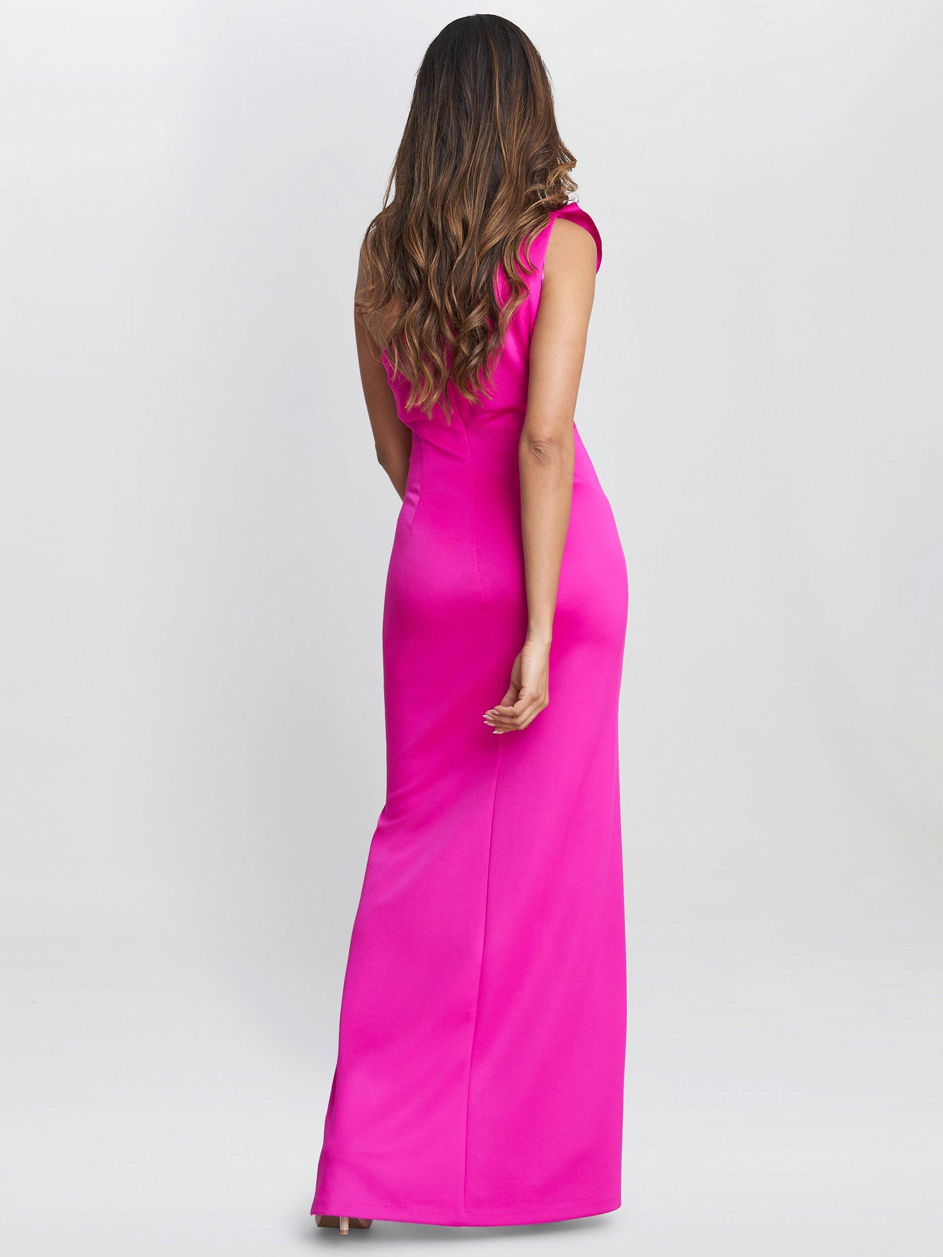 Product image 2 of 5, which shows Gina Bacconi Agatha Flower Detail One Shoulder Maxi Dress, Fuchsia, 12