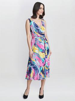 Gina Bacconi Anastacia Fit and Flare Abstract Print Midi Jersey Dress, Peach/Multi, Peach/Multi