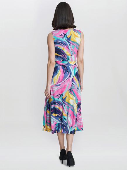 Gina Bacconi Anastacia Fit and Flare Abstract Print Midi Jersey Dress, Peach/Multi - view 2, Peach/Multi