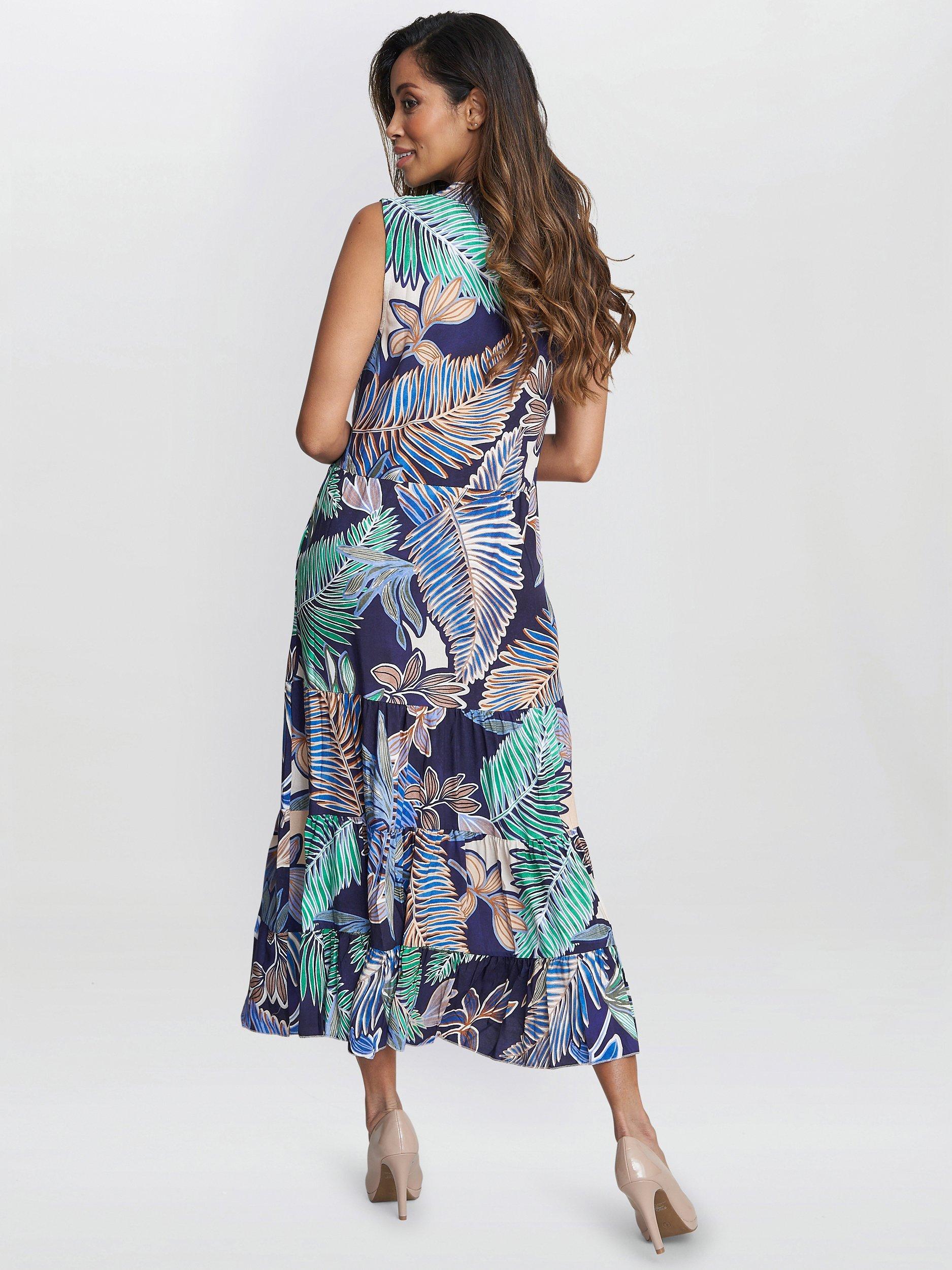 Product image 2 of 5, which shows Gina Bacconi Lolita Leaf Print Sleeveless Midi Dress, Navy/Multi, S