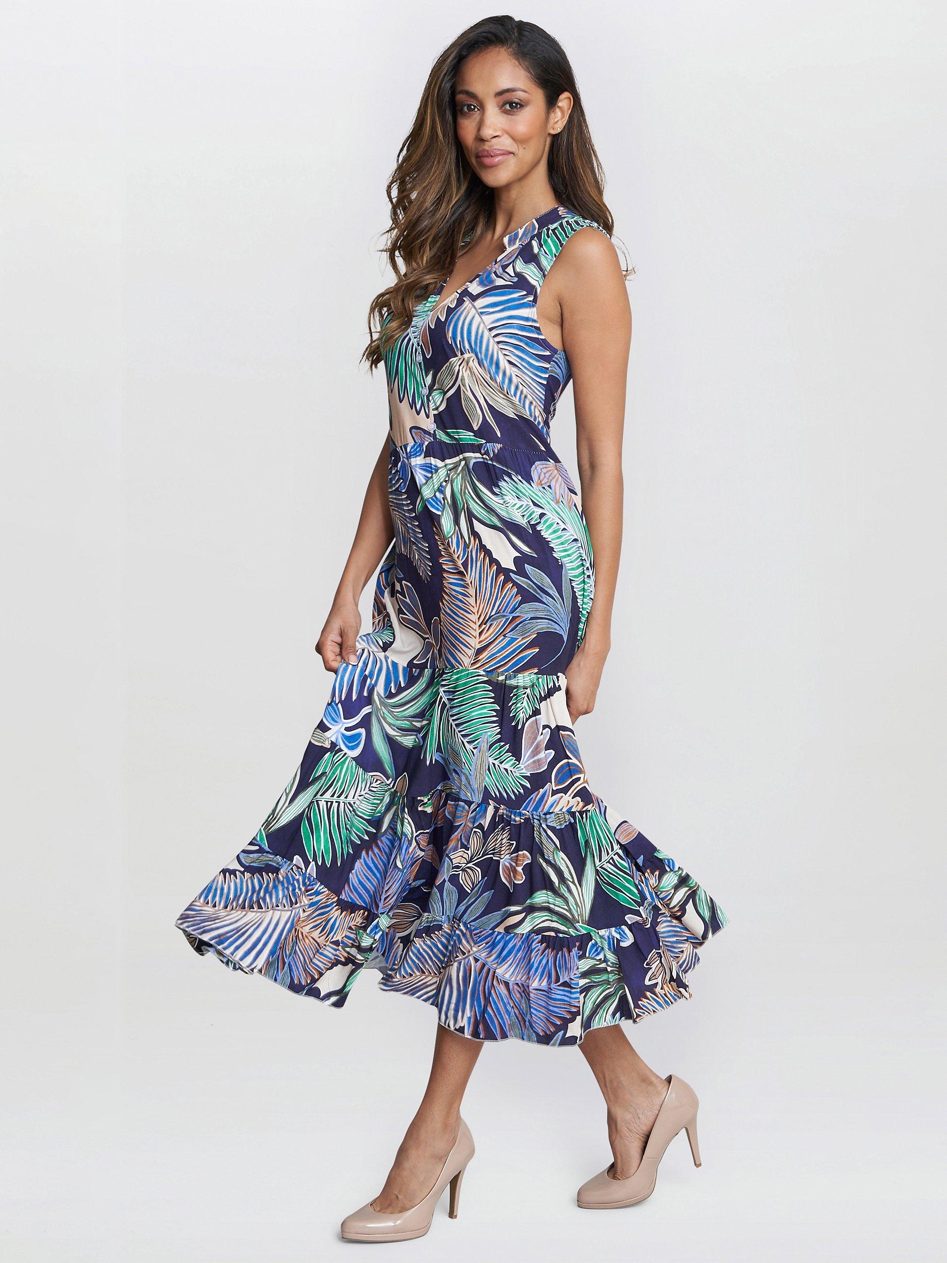 Product image 3 of 5, which shows Gina Bacconi Lolita Leaf Print Sleeveless Midi Dress, Navy/Multi, S