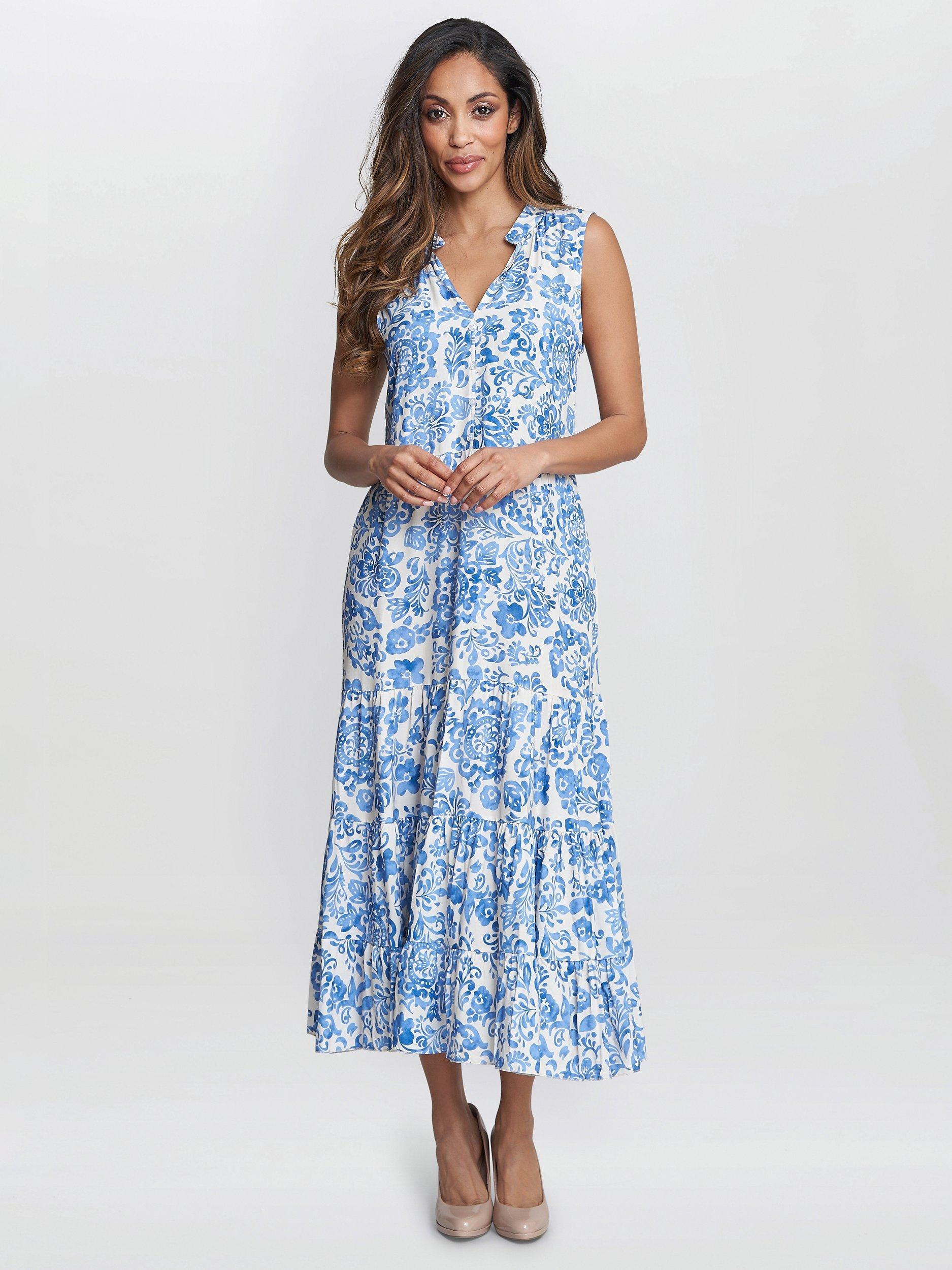 Gina Bacconi Lolita Floral Print Sleeveless Midi Dress Blue White