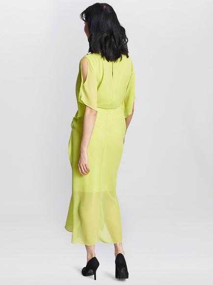 Gina Bacconi Francesca Cold Shoulder Chiffon Midi Dress, Lime - view 2, Lime
