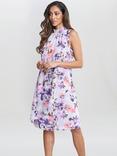 Gina Bacconi Ginnie Floral Print High Neck Double Layer Dress, Purple Infusion