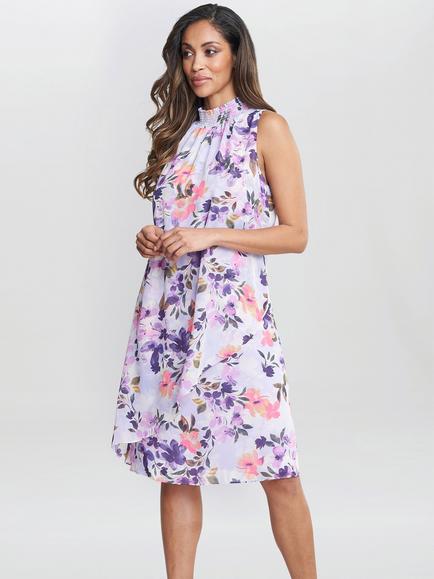 Gina Bacconi Ginnie Floral Print High Neck Double Layer Dress, Purple Infusion, Purple Infusion