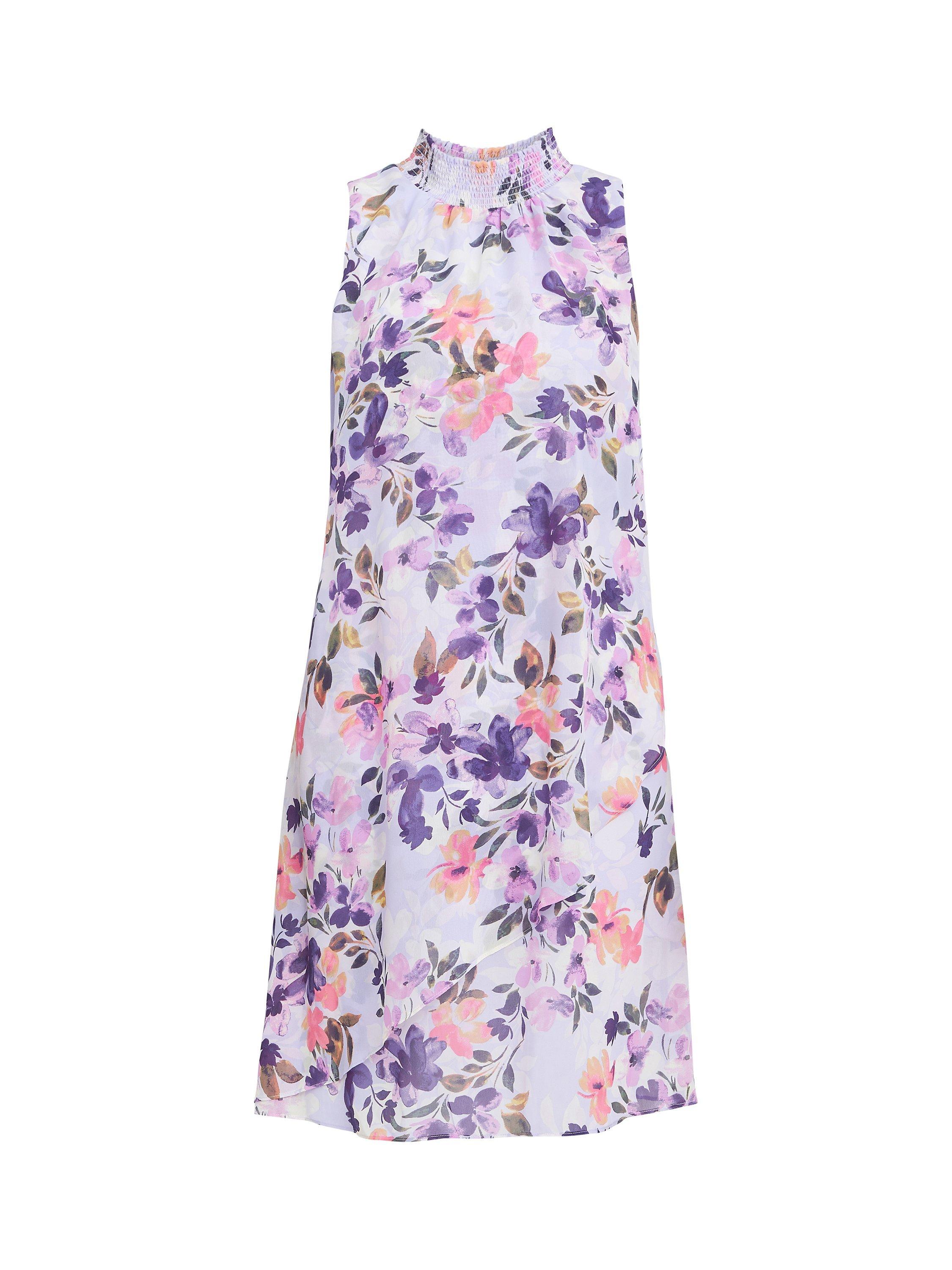 Product image 5 of 5, which shows Gina Bacconi Ginnie Floral Print High Neck Double Layer Dress, Purple Infusion, 10