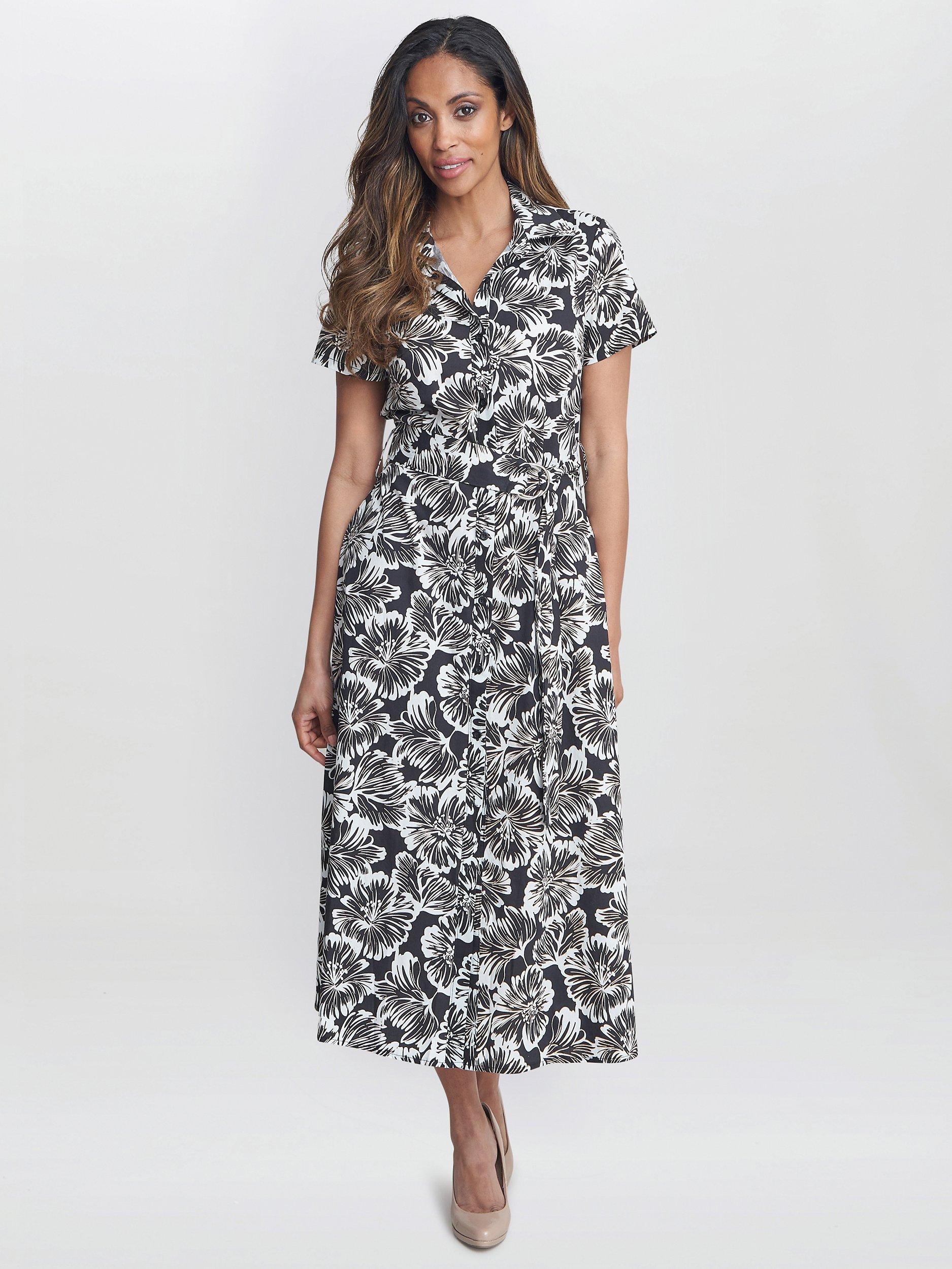 Gina Bacconi Ivonne Floral Print Midi Shirt Dress, Black/White