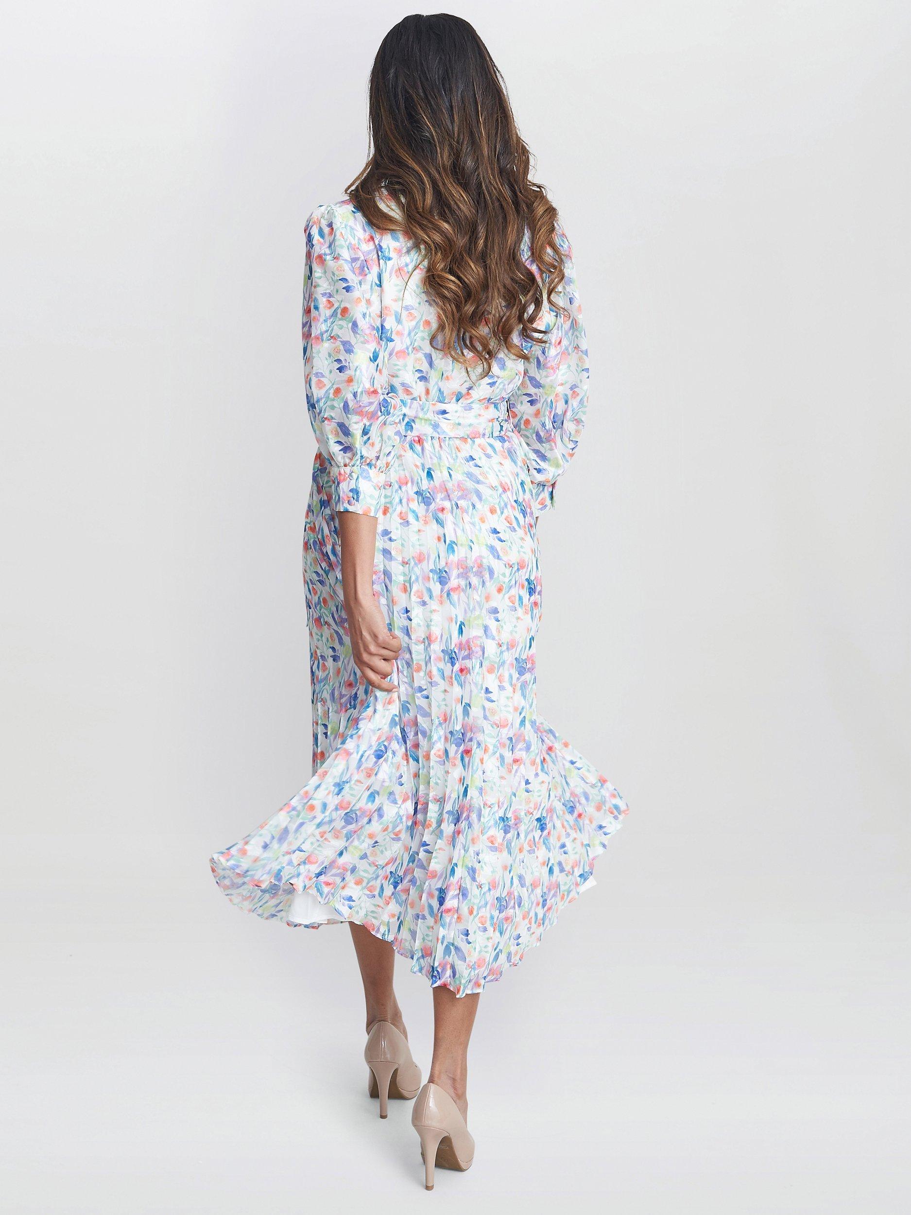 Product image 1 of 5, which shows Gina Bacconi Sicily Jacquard Abstract Print Midi Pleated Dress, Multi, L
