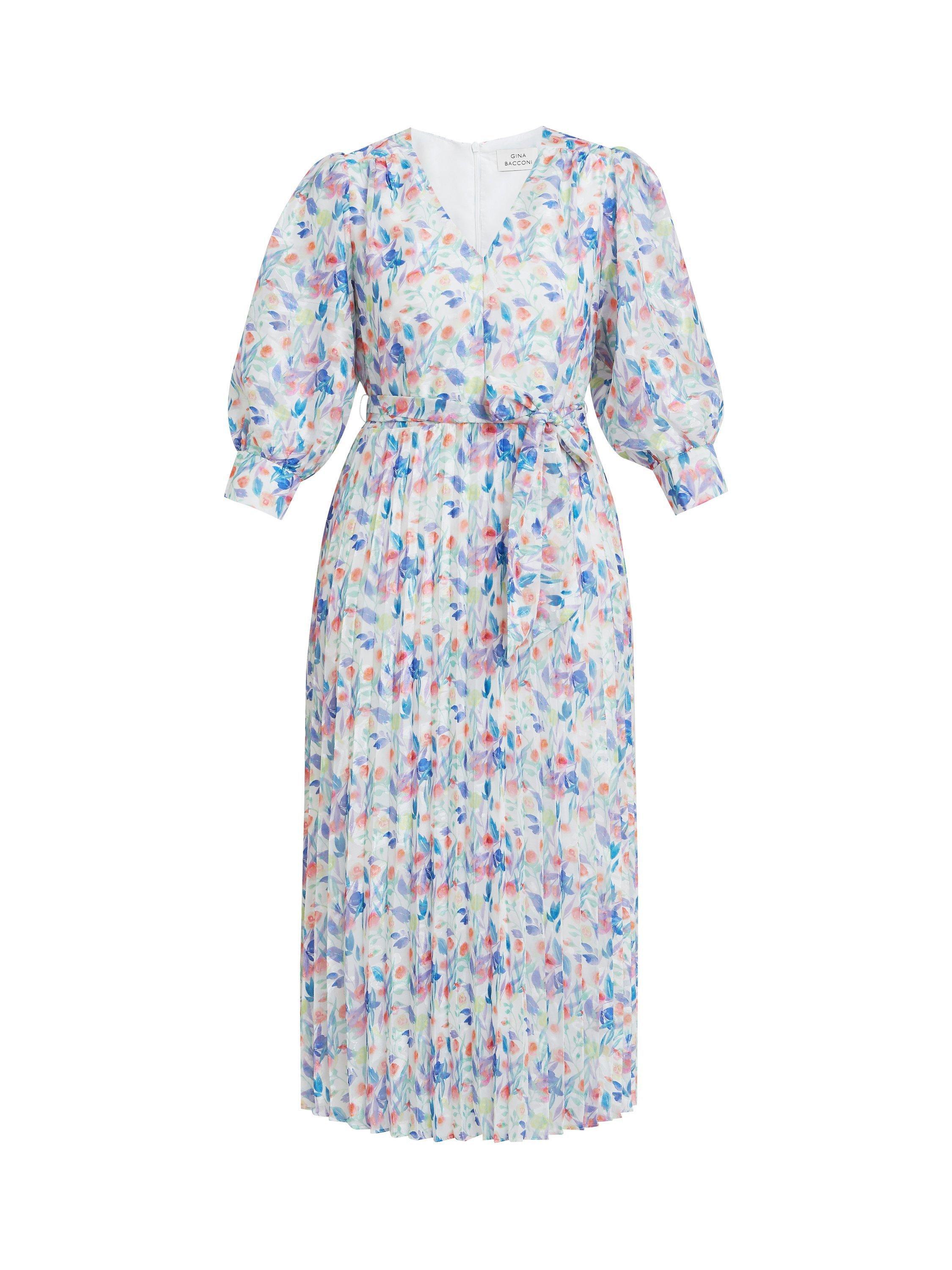 Product image 3 of 5, which shows Gina Bacconi Sicily Jacquard Abstract Print Midi Pleated Dress, Multi, L