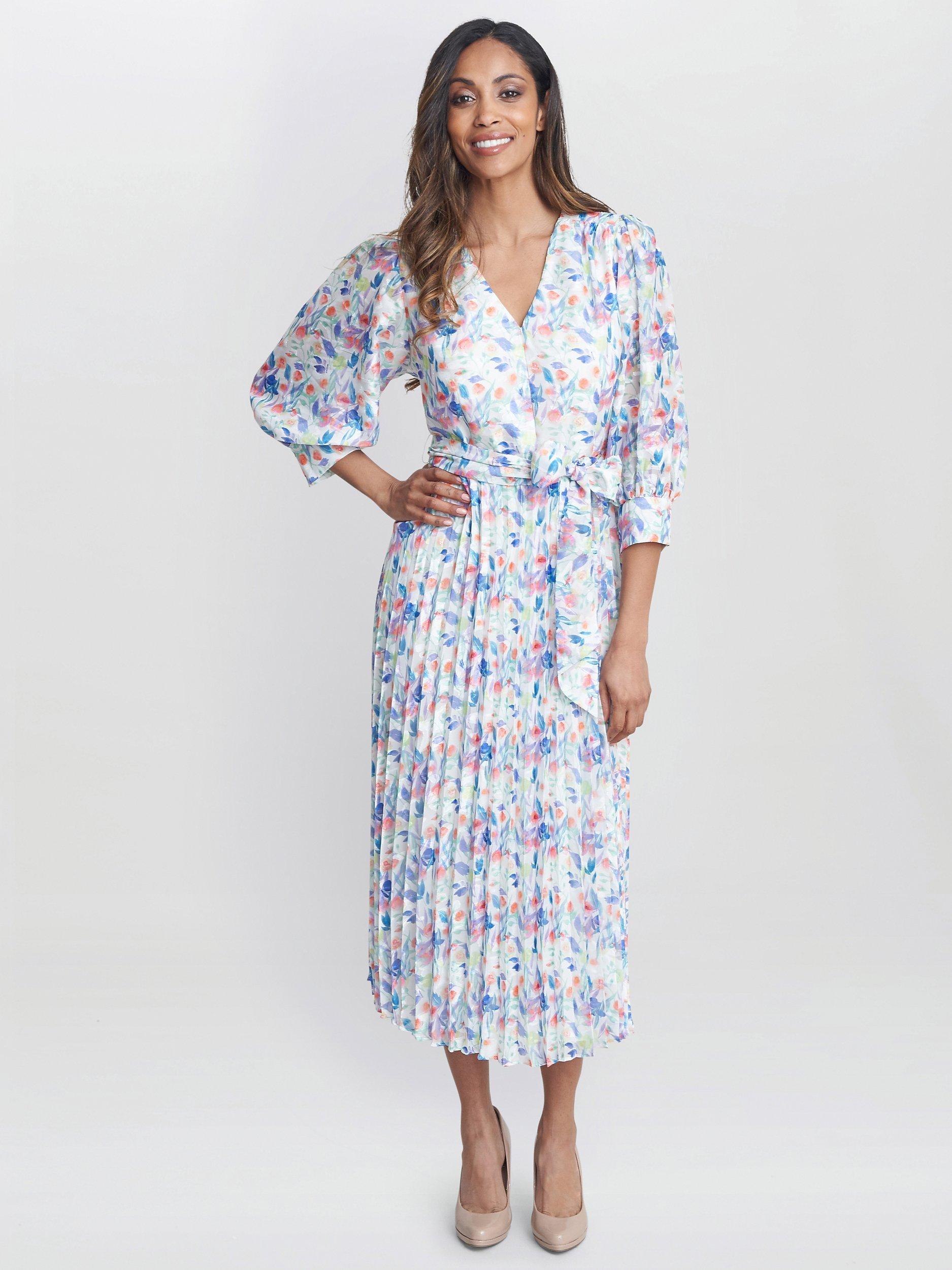 Product image 5 of 5, which shows Gina Bacconi Sicily Jacquard Abstract Print Midi Pleated Dress, Multi, L