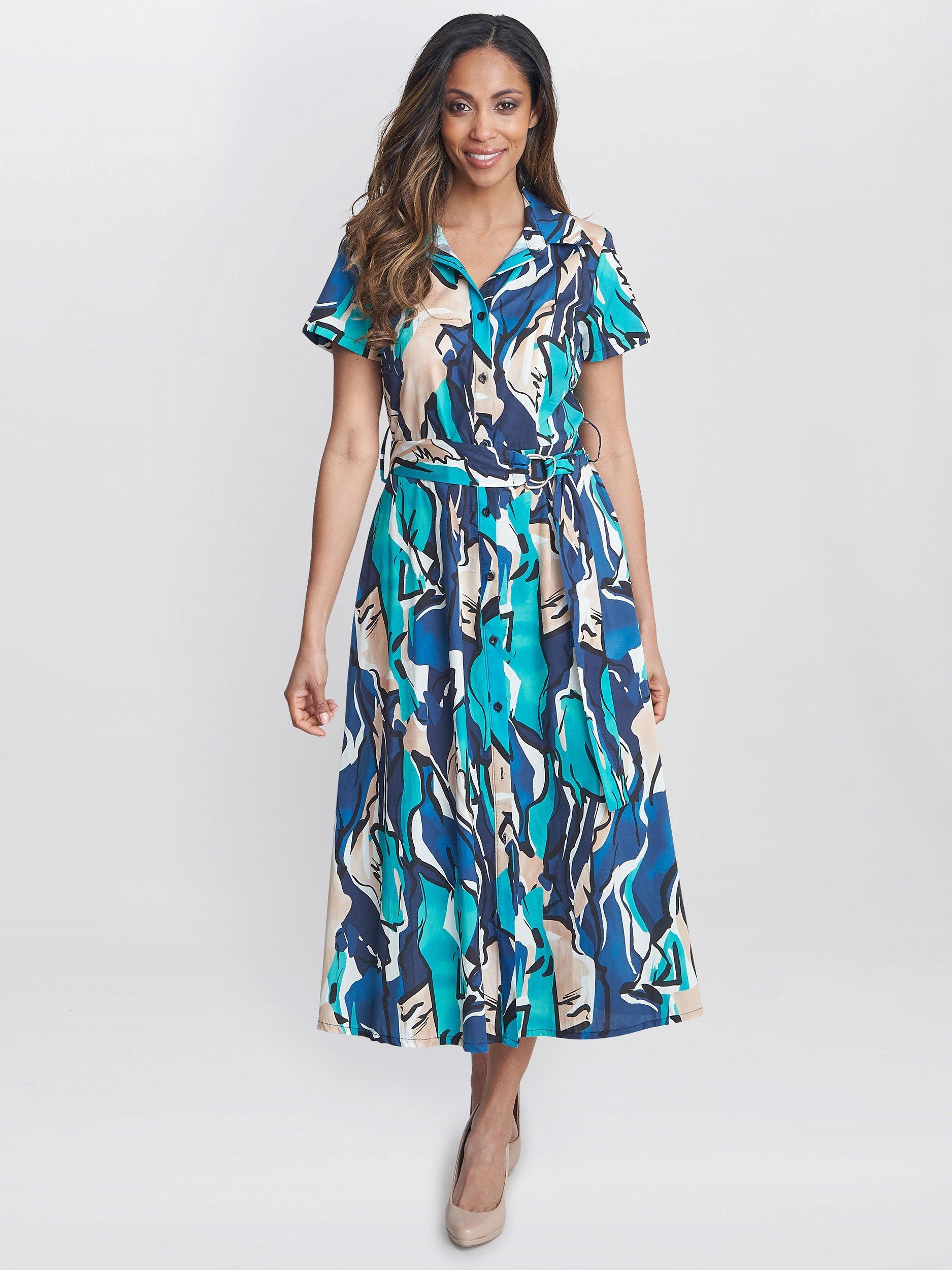 Product image 1 of 5, which shows Gina Bacconi Ivonne Abstract Print Midi Shirt Dress, Blue/Multi, S
