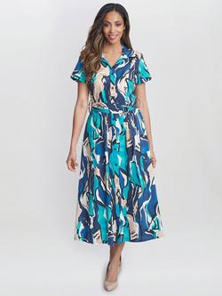 Gina Bacconi Ivonne Abstract Print Midi Shirt Dress, Blue/Multi, Blue/Multi