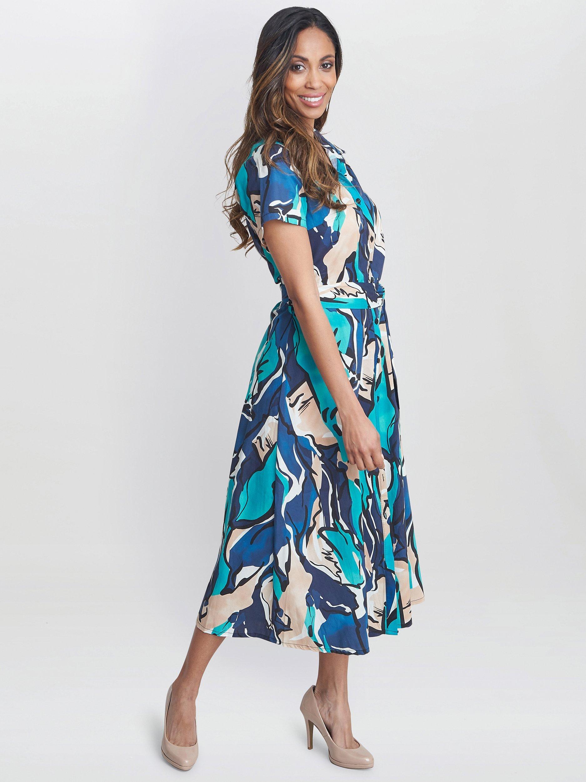 Product image 3 of 5, which shows Gina Bacconi Ivonne Abstract Print Midi Shirt Dress, Blue/Multi, S