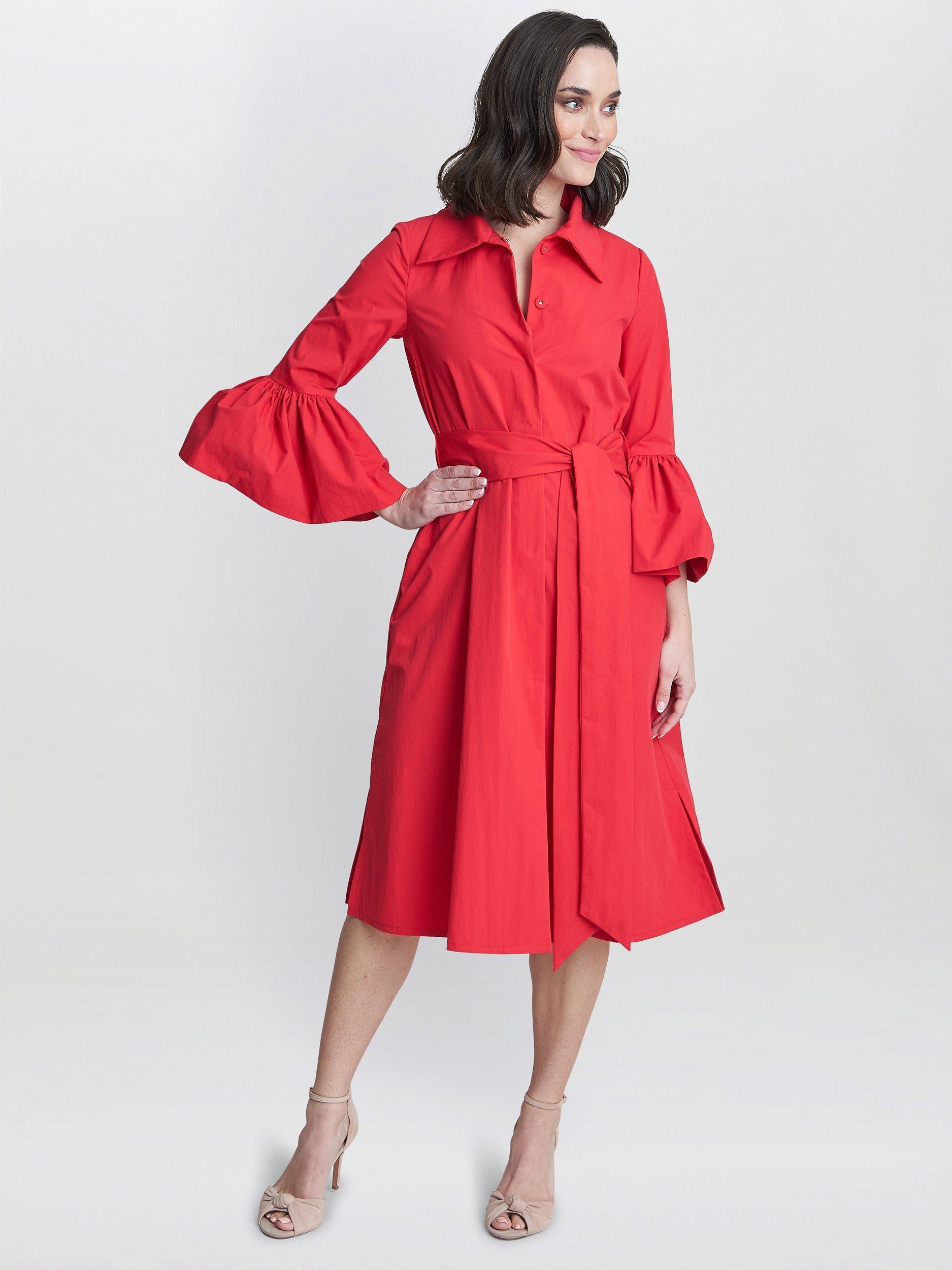 Product image 1 of 6, which shows Gina Bacconi Melinda Taffeta Midi Shirt Dress, Red, 8