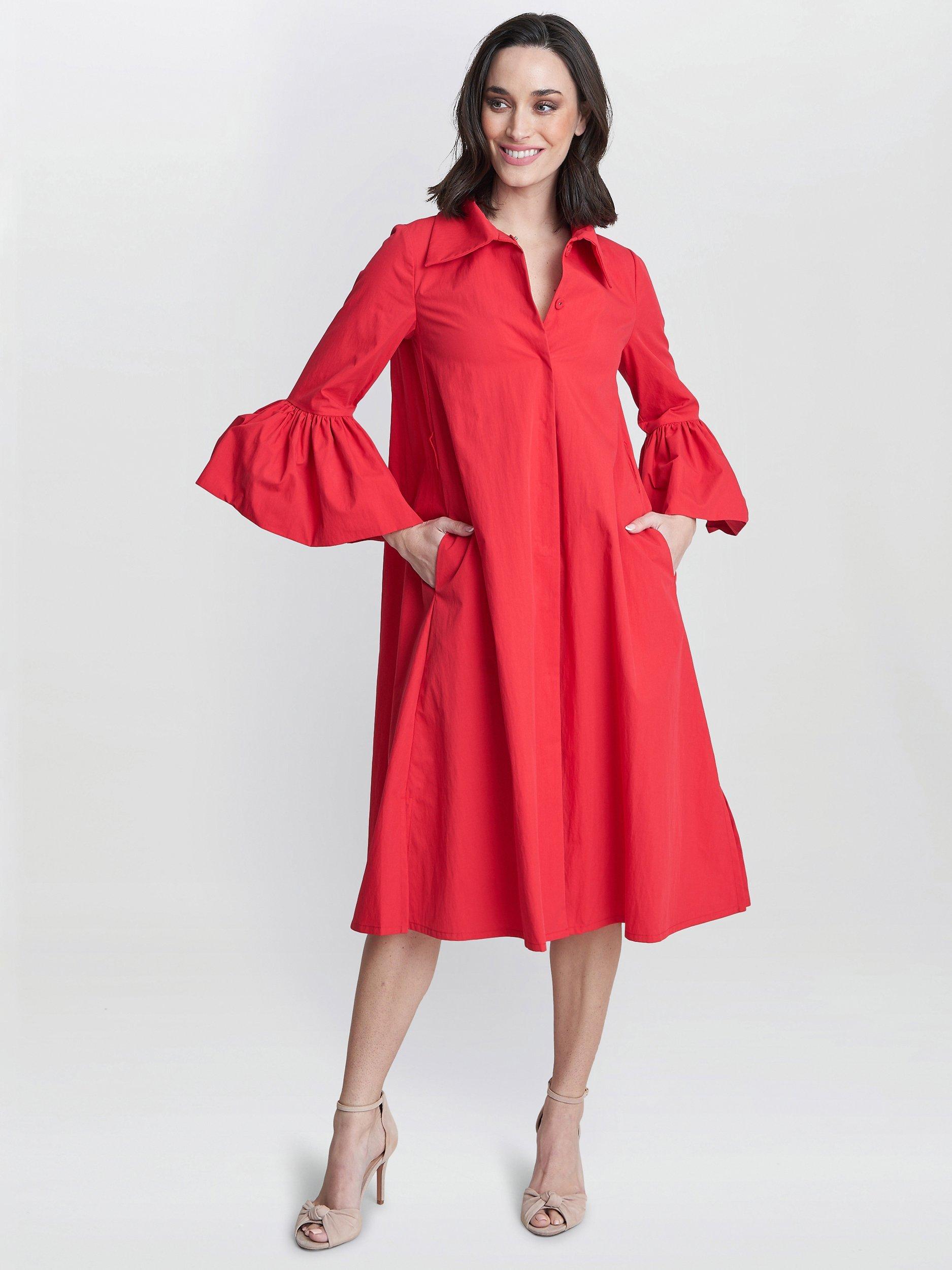 Product image 3 of 6, which shows Gina Bacconi Melinda Taffeta Midi Shirt Dress, Red, 8