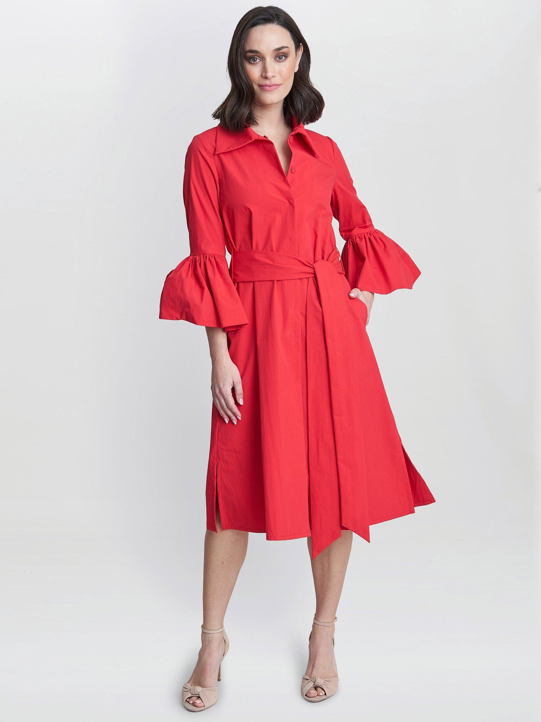 Product image 6 of 6, which shows Gina Bacconi Melinda Taffeta Midi Shirt Dress, Red, 8