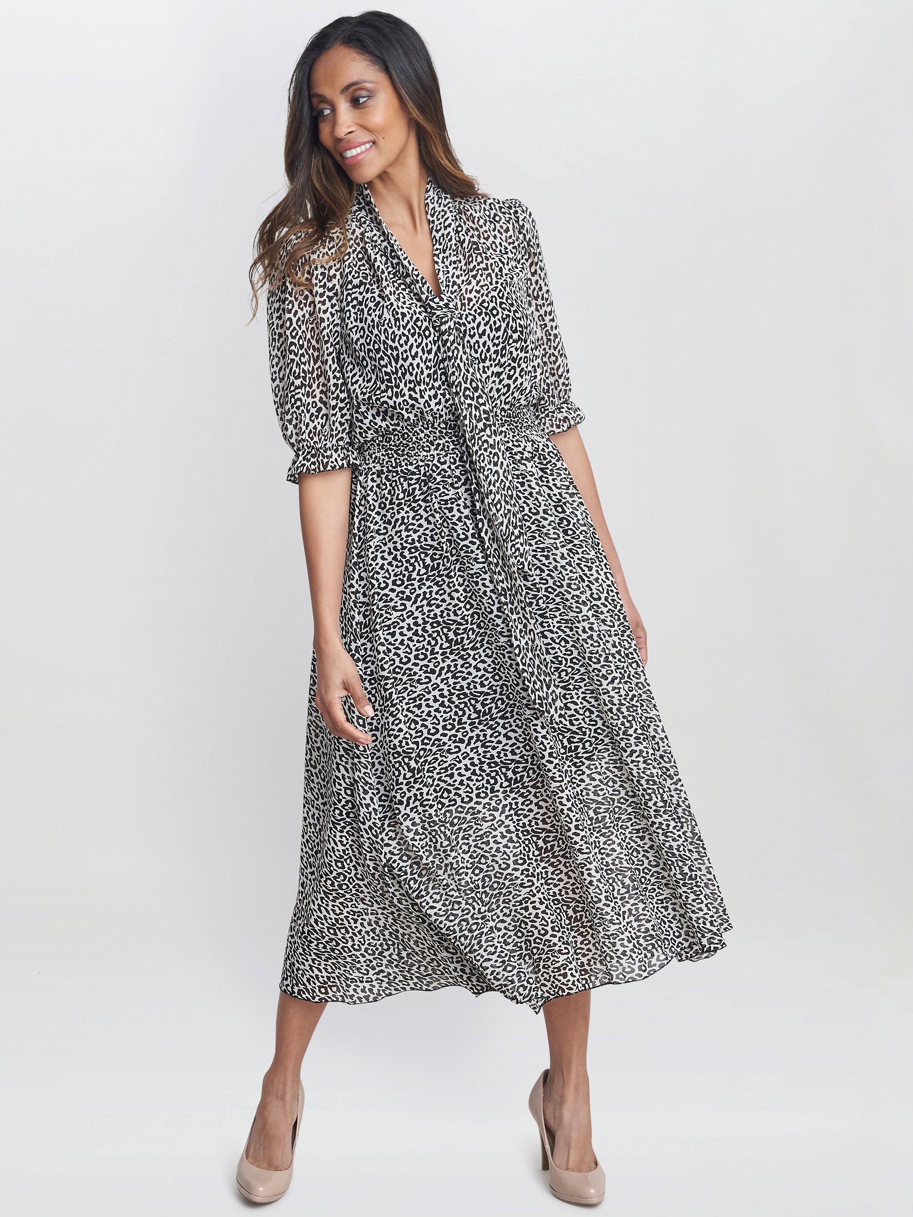 Product image 1 of 5, which shows Gina Bacconi Mimi Godet Detail Tie Neck Midi Leopard Print Dress, Multi, S