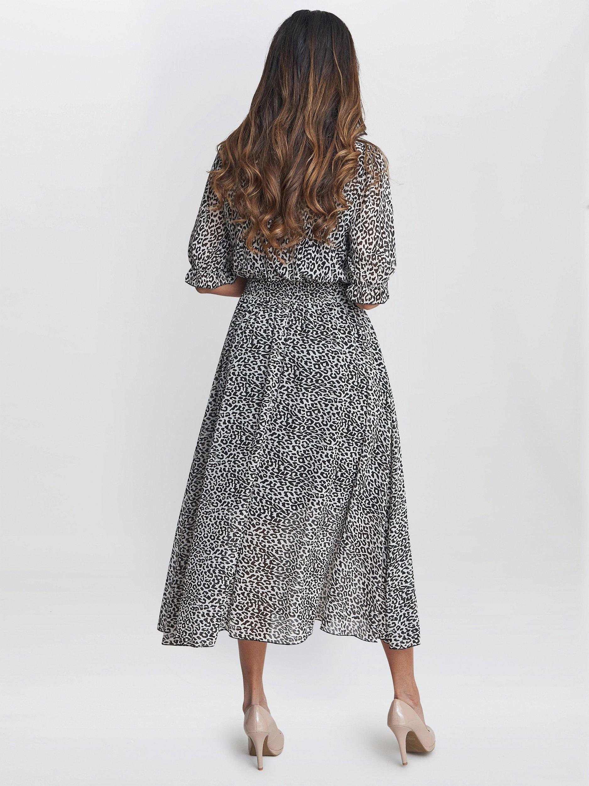 Product image 2 of 5, which shows Gina Bacconi Mimi Godet Detail Tie Neck Midi Leopard Print Dress, Multi, S
