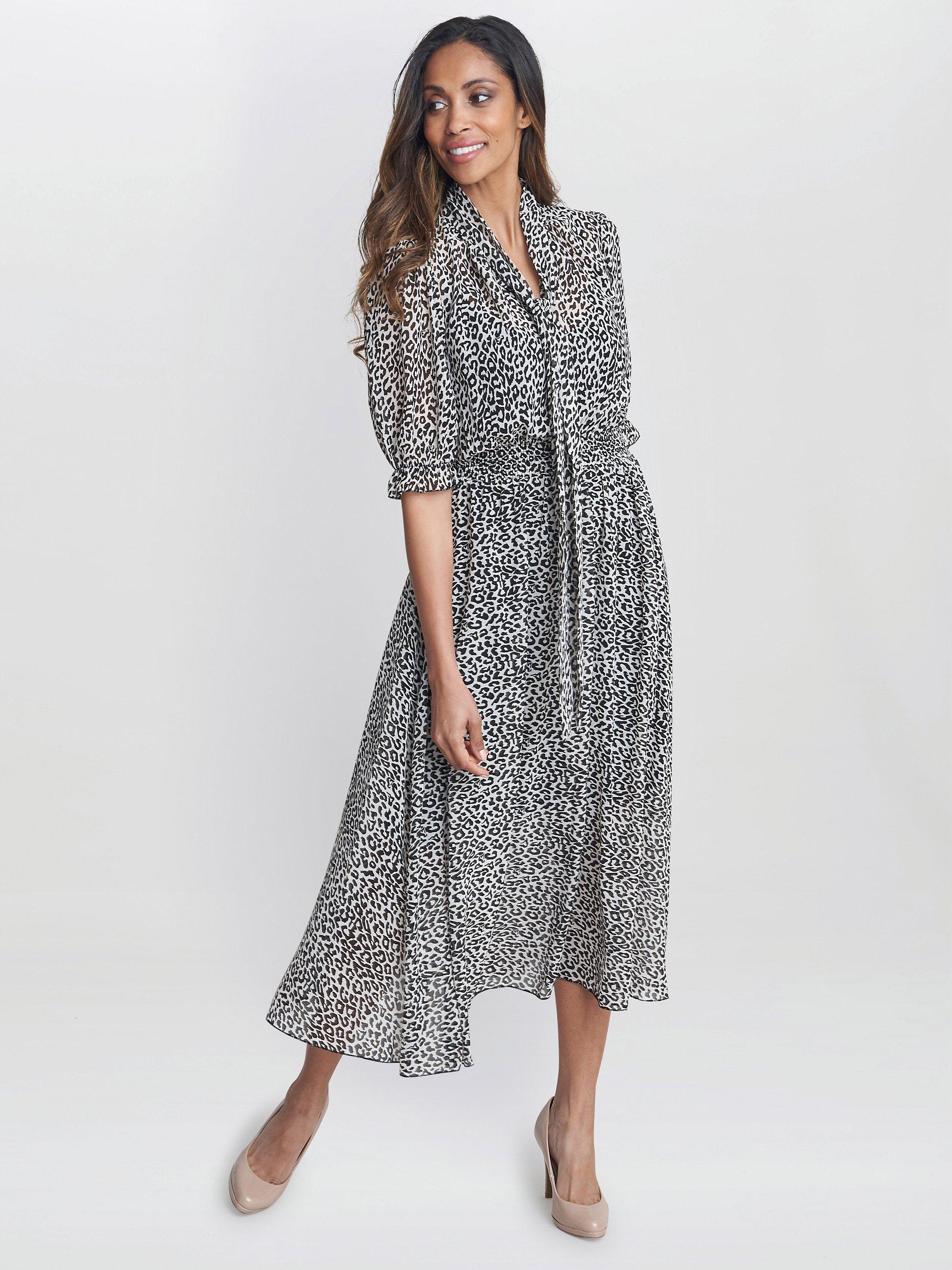 Product image 3 of 5, which shows Gina Bacconi Mimi Godet Detail Tie Neck Midi Leopard Print Dress, Multi, S