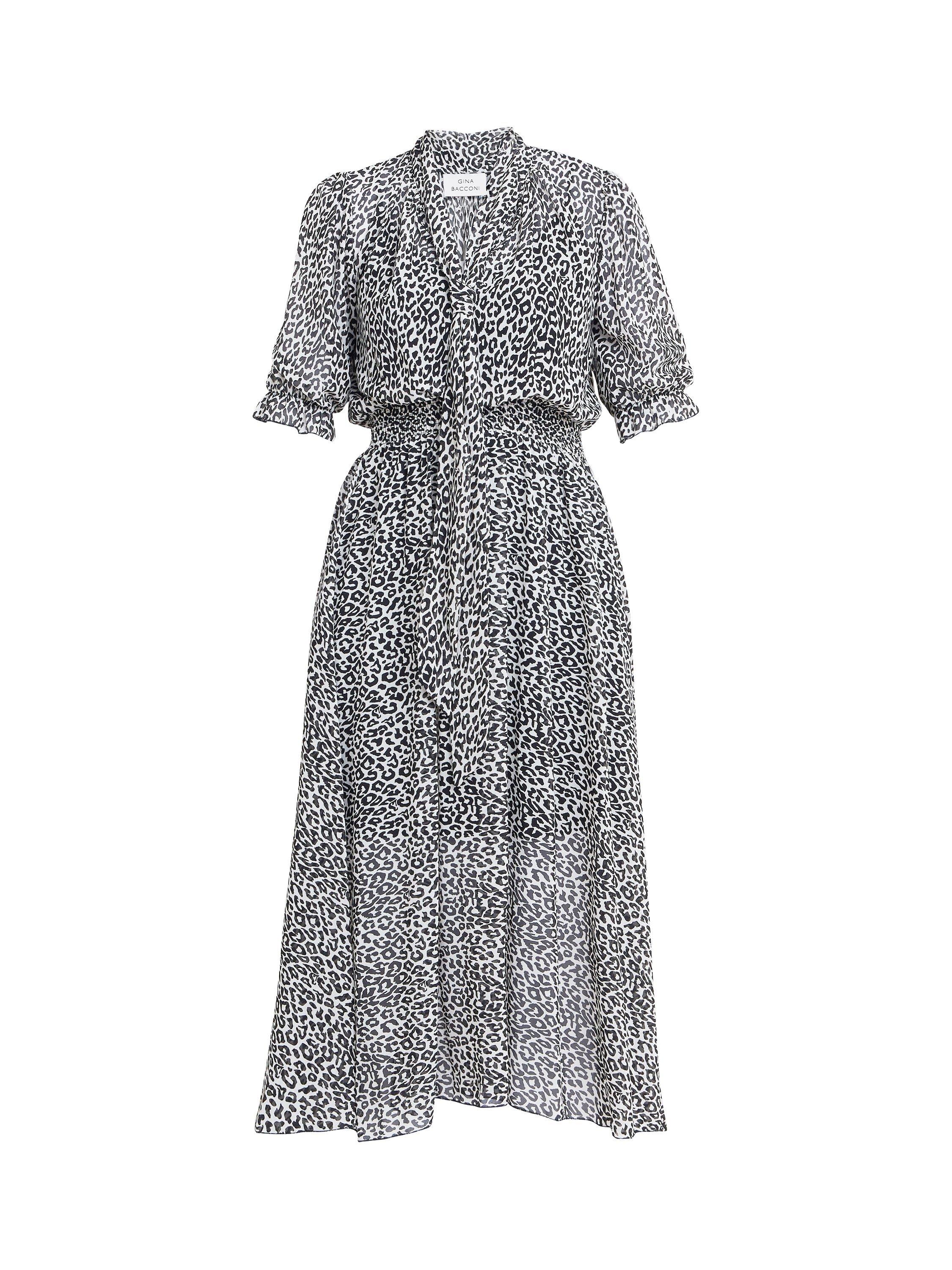 Product image 4 of 5, which shows Gina Bacconi Mimi Godet Detail Tie Neck Midi Leopard Print Dress, Multi, S