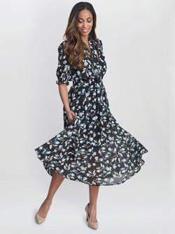 Gina Bacconi Mimi Godet Detail Tie Neck Midi Floral Dress, Black/Multi, Black/Multi
