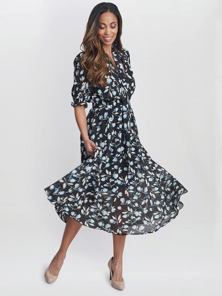 Gina Bacconi Mimi Godet Detail Tie Neck Midi Floral Dress, Black/Multi, Black/Multi