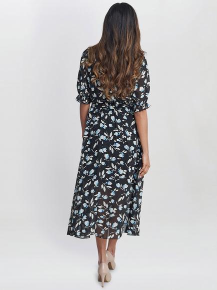 Gina Bacconi Mimi Godet Detail Tie Neck Midi Floral Dress, Black/Multi - view 2, Black/Multi