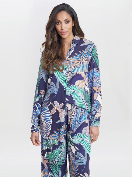Gina Bacconi Tabitha Leaf Print Shirt, Navy/Multi, Navy/Multi